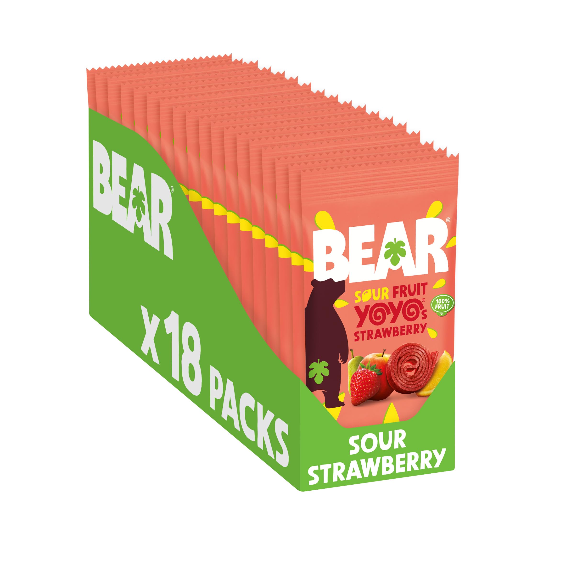 BEAR Super Sour Strawberry & Apple Yoyos - Dried Fruit Rolls - Healthy - Vegan - 20g (18 packs)
