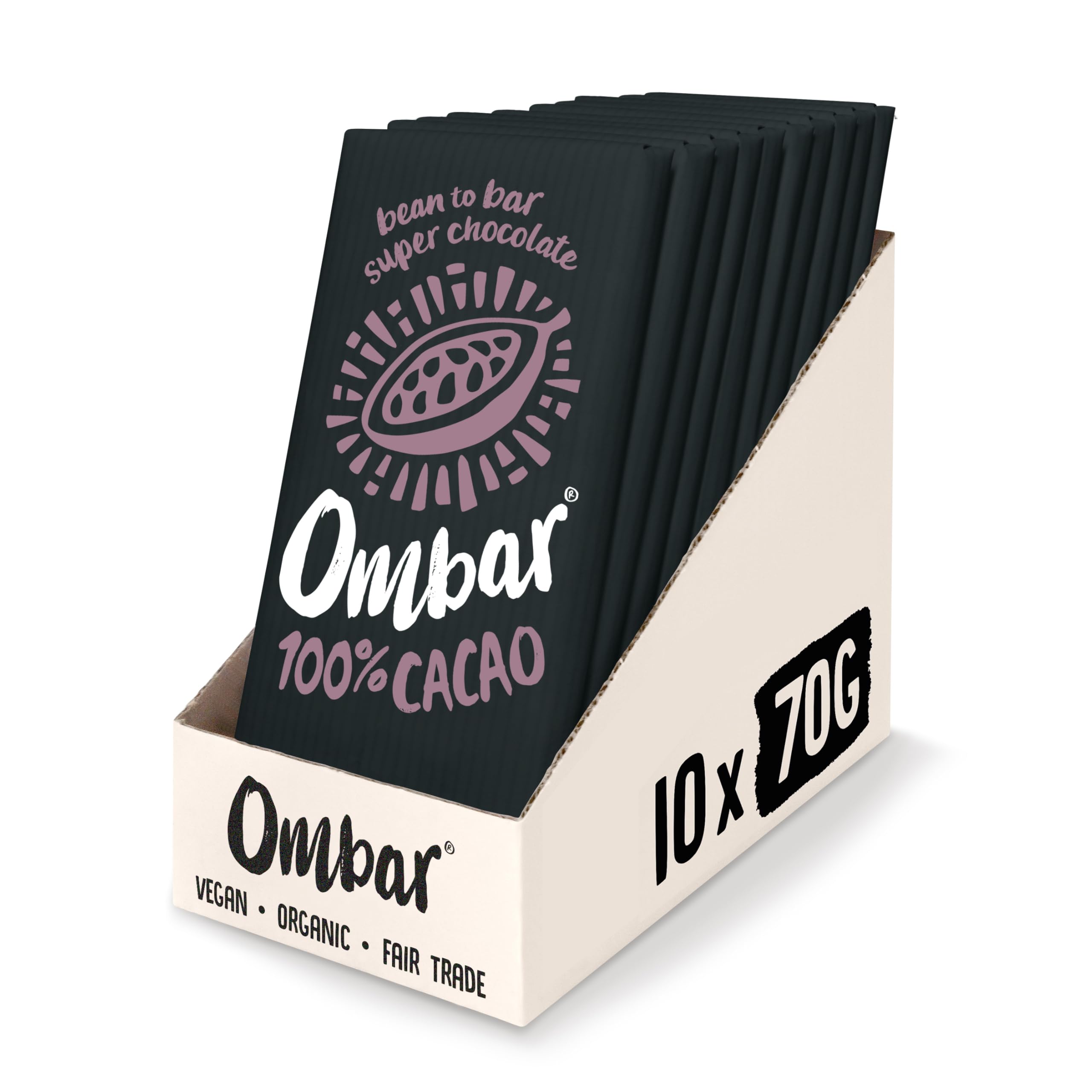Vegan Chocolate - Ombar 100% Dark Chocolate (70g x 10 Bars) Organic Fair Trade, Dairy and Gluten Free