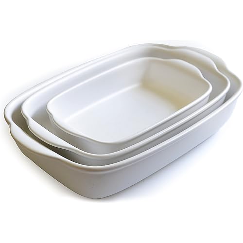 Saffron & Sage Casserole Dish Set of 3 - Baking Dishes for Oven, Contemporary White Ceramic Baking Dish Set, Heavy Duty Bakeware, Up to 500° High Heat Resistant, Dishwasher, Freezer and Food Safe