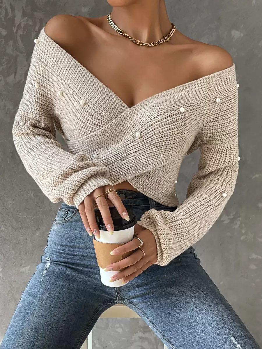 Women's Sexy Off-Shoulder Wrap Sweater V-Neck Long Sleeve Pearl Embellished Criss Cross Knit Cropped Pullover Top - Image 2