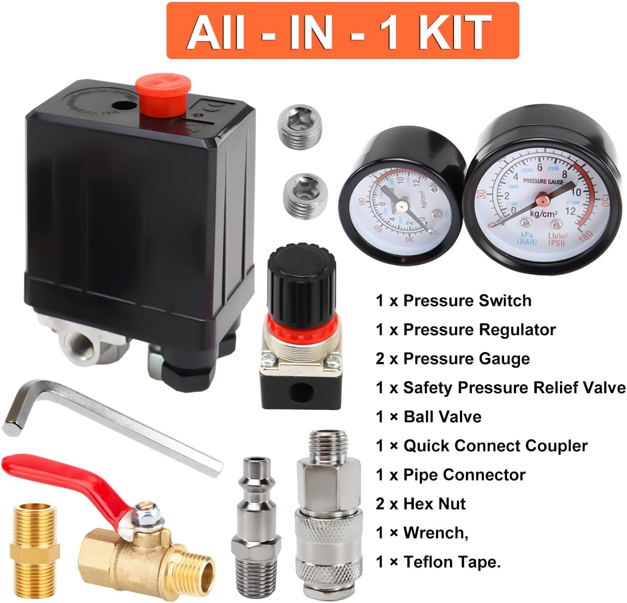 Air Compressor Pressure Switch, 90-120 psi Pressure Switch for Air Compressor,Heavy Duty 4-Way Pressure Switch with 0-180 PSI Air Compressor Regulator & ON/OFF Switch