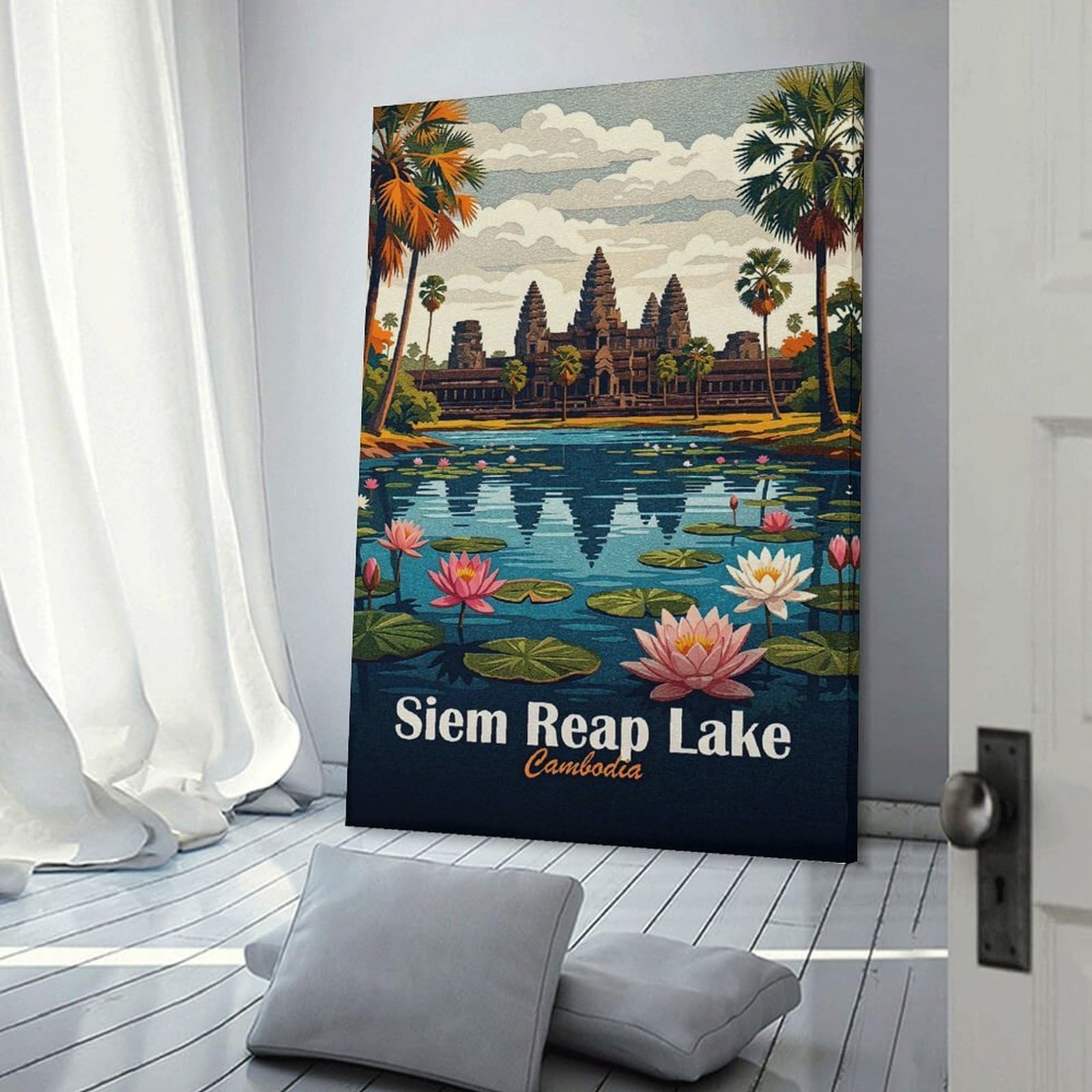 Junmoney Siem Reap Lake, Cambodia Art Canvas Wall Art, 24x36inch(60x90cm), for Living Room, Bedroom Or Home Office, A Wall Art Gift for Fresh Interiors