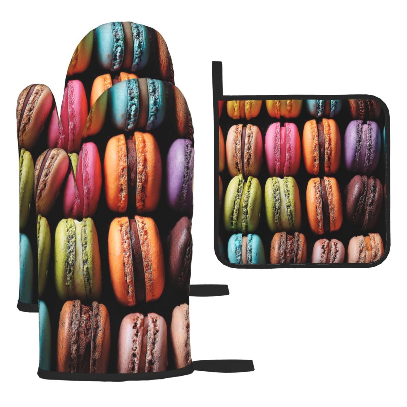 Oven Mitts and Pot Holders Sets of 3 Heat Resistant Kitchen Gloves Macaron Biscuit Flavored Pastries Oven Mitts BBQ Gloves Oven Gloves and Hot Pads Non-Slip Potholders for Kitchen Baking Cooking