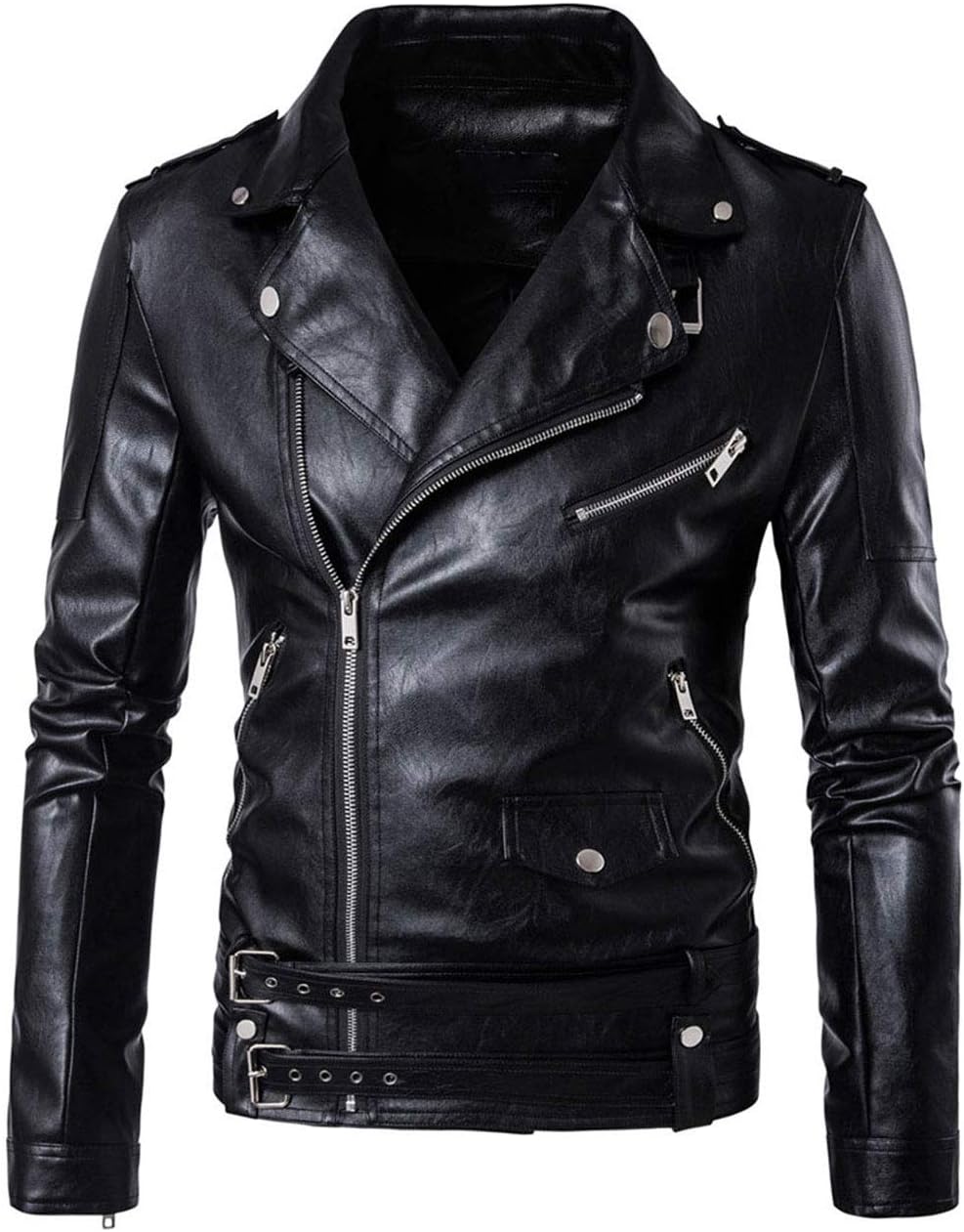 HHGKED Mens Faux Leather Jacket Premium Stand Collar Zipper Locomotive Coat with Pocket Black