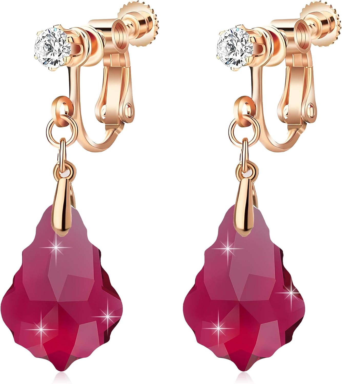 Austrian Crystal Baroque Drop Clip On Dangle Earrings for Women Non Pierced 14K Rose Gold Plated Hypoallergenic Jewelry