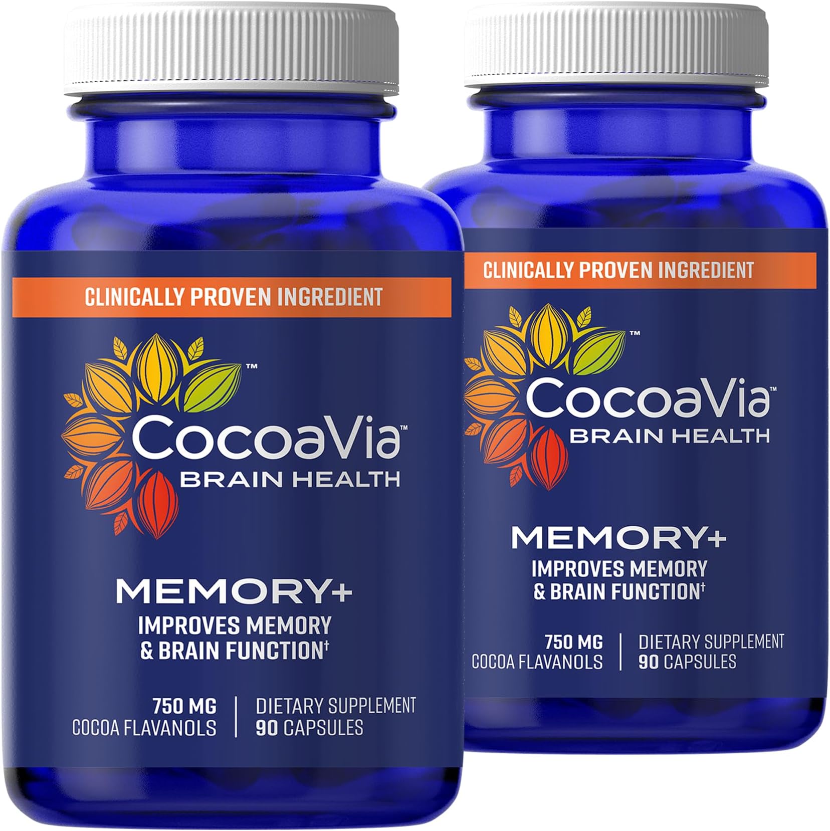 CocoaVia Memory+ Brain Supplement, 60 Days, 750 Mg Cocoa Flavanols, Memory & Brain Booster, Vegan, Plant-Based, 180 Capsules