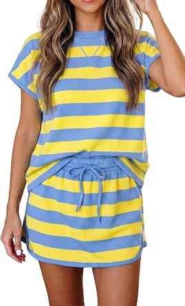wihnsinop Yellow Stripe Dolman Tee Drawstring Skort Athletic 2pcs Set 2026 Summer Outfits for Women 2 Piece Sets
