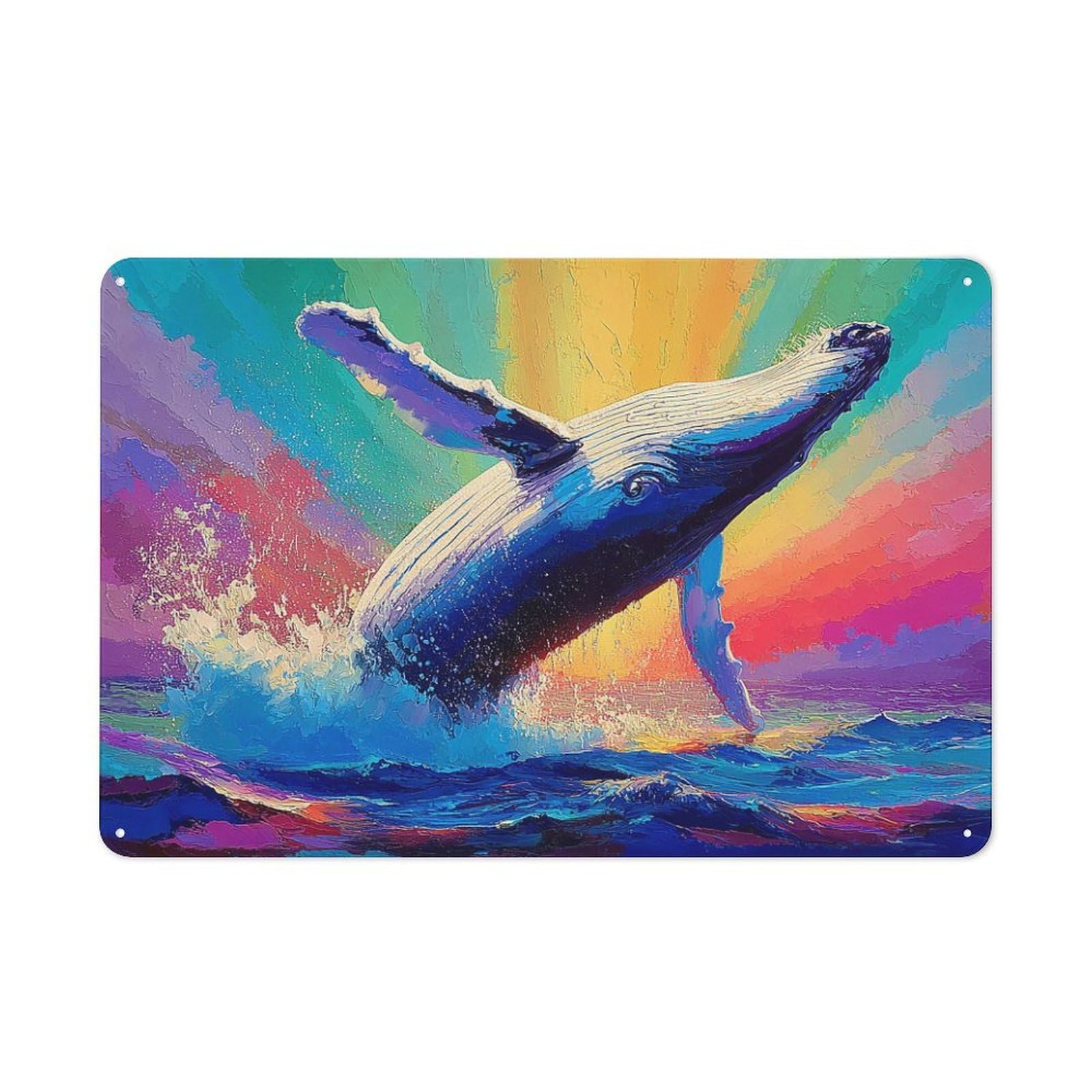Junmoney Whale In Rainbow Sunset Decorative Metal Sign With Design 20X30cm, Cosy Cafe Wall Decor For Kitchen, Cafe, Pantry Or Dining Room