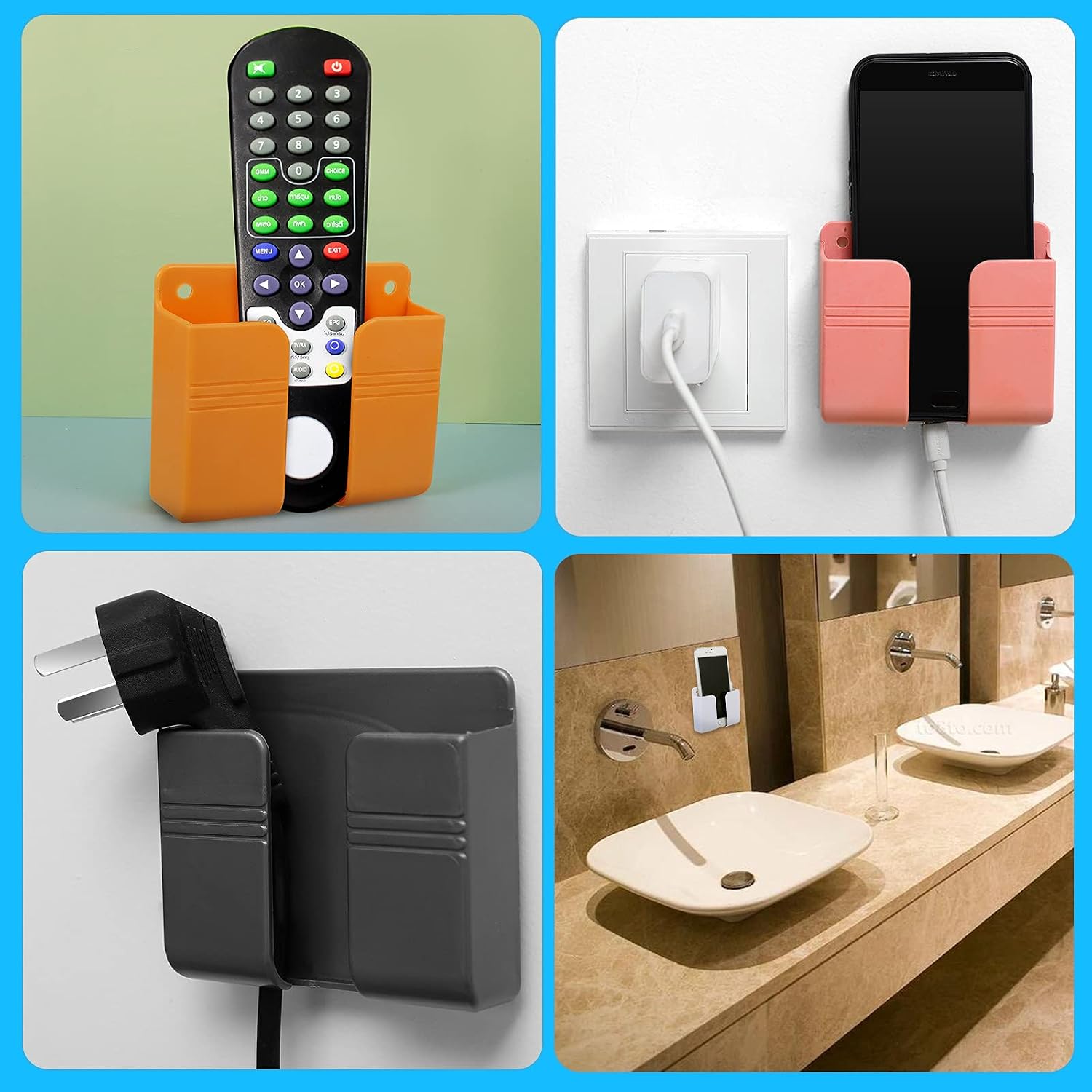 8 Pieces Wall Mount Phone Holder Adhesive Remote Control Storage Box Wall Mount Charging Phone Stand Holder Adhesive Non Slip Media Organizer Storage Box for Bedroom Kitchen Bathroom (Mixed Colors)