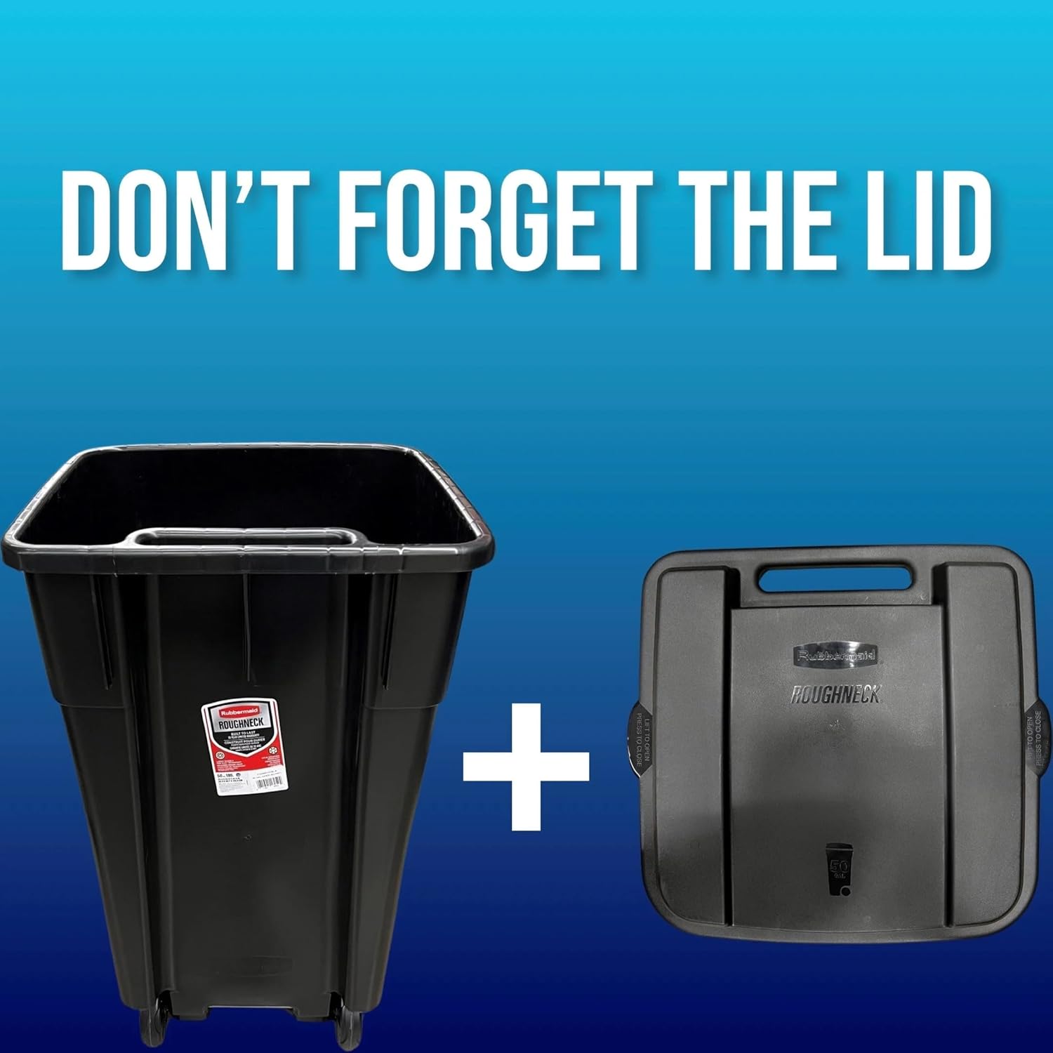 50 Gallon Wheeled Trash Can, Black, Galvanized Steel, Locking Lid, Weather Resistant, Round