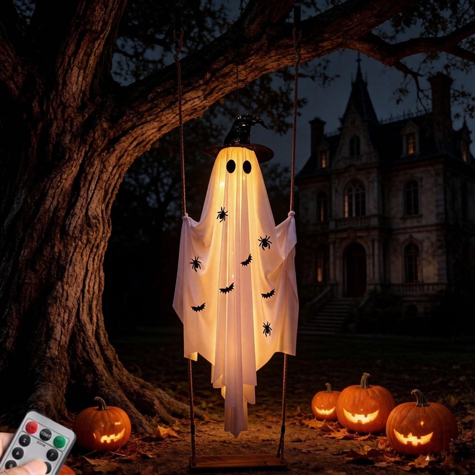 150cm Swinging Ghost, Halloween Deko Hängend Geist Auf Schaukel, Schaukelnder Geist, Gespenst auf Schaukel für Garten, Hof, Terrasse, Veranda & Partys Deko (C-150cm)