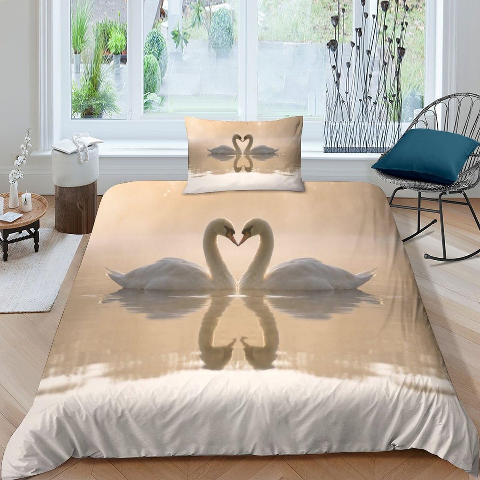 Housse de couette cygne blanc 3D parure de lit single 135x200cm avec taies