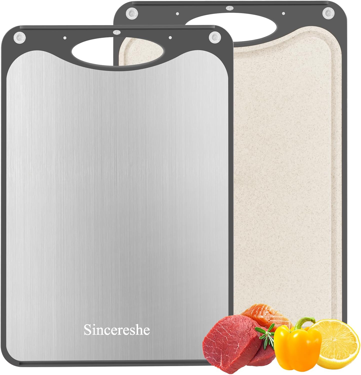 Titanium Cutting Board, 15x10 Inch, Double-Sided Pure Titanium and Wheat Straw, Anti Slip, Juice Groove, Stain Resistant, Food Grade, Easy to Clean