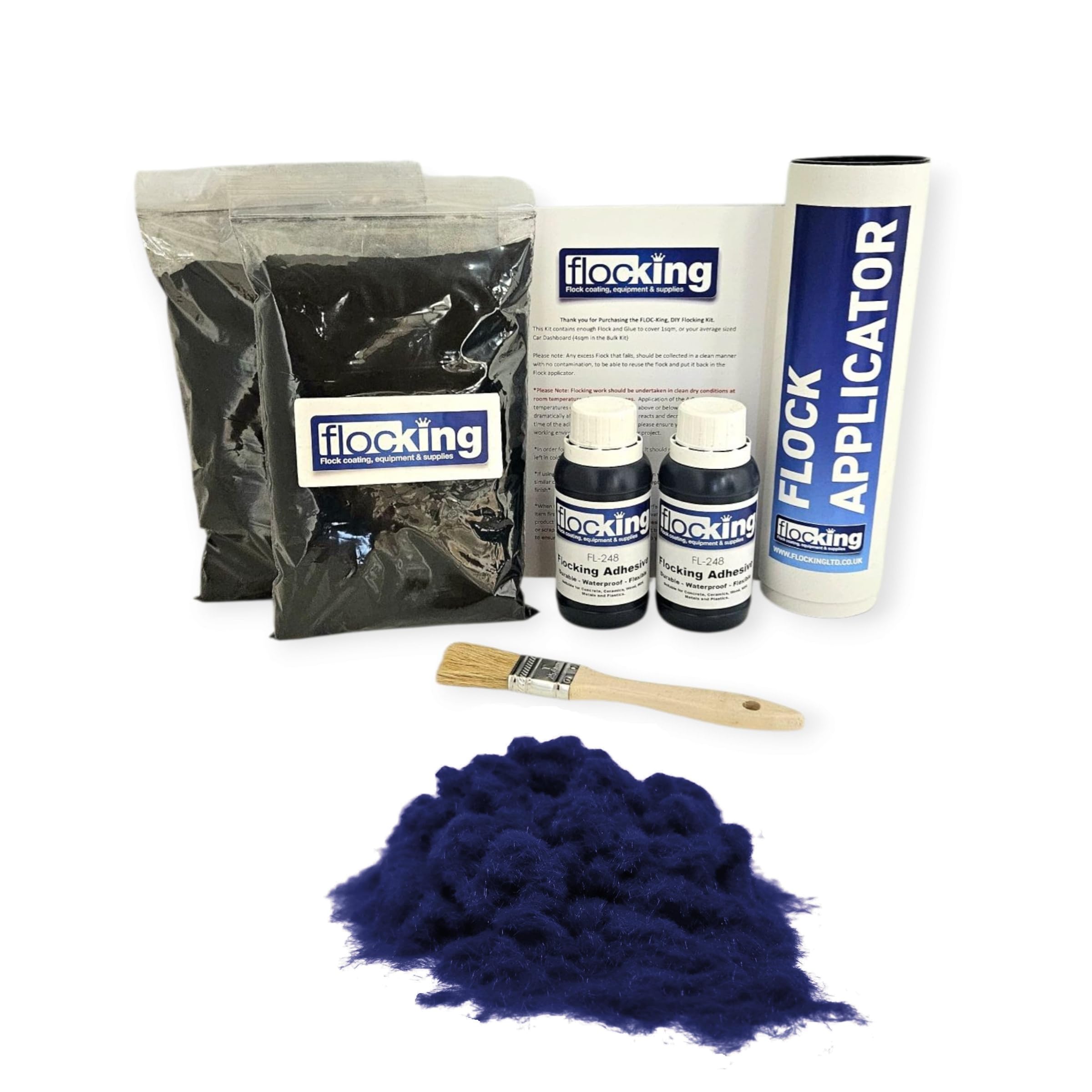 FLOC-KING Professional Twin Flocking Kit (Navy Blue) – 2sqm Coverage – DIY Dash Flocking Fibres & High-Strength Specialised Adhesive for Car Interior Restoration, Dashboards & Crafts