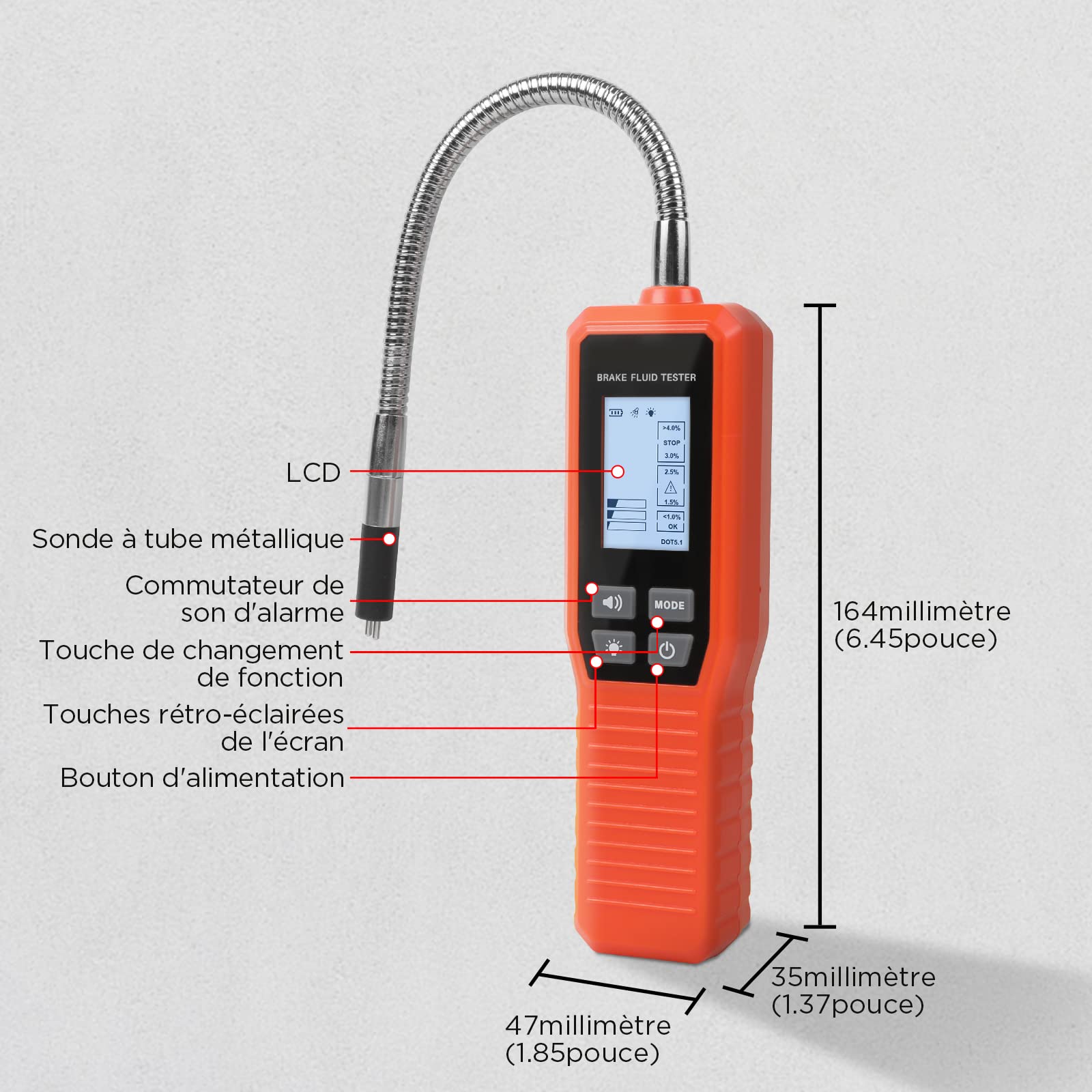 Tester Liquido Freni Auto - Misuratore Acqua Per DOT3, DOT4, DOT5.1, Display LCD 2.2", Sonda 250mm - Foto 3