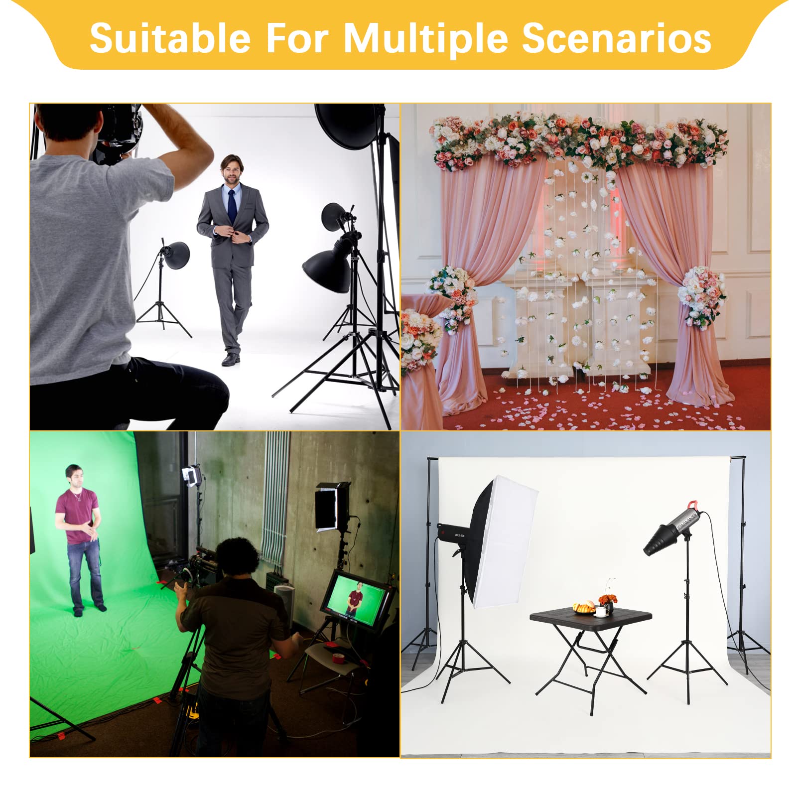 Clevich Soporte de Fondo, Sistema de Fondo Ajustable de 2,6 x 3 m, Marco de Fondo con 8 Pinzas de Fondo, 2 Bolsas de Arena y Bolsa de Transporte para fotografía de Productos, Retratos, Fiestas, Bodas