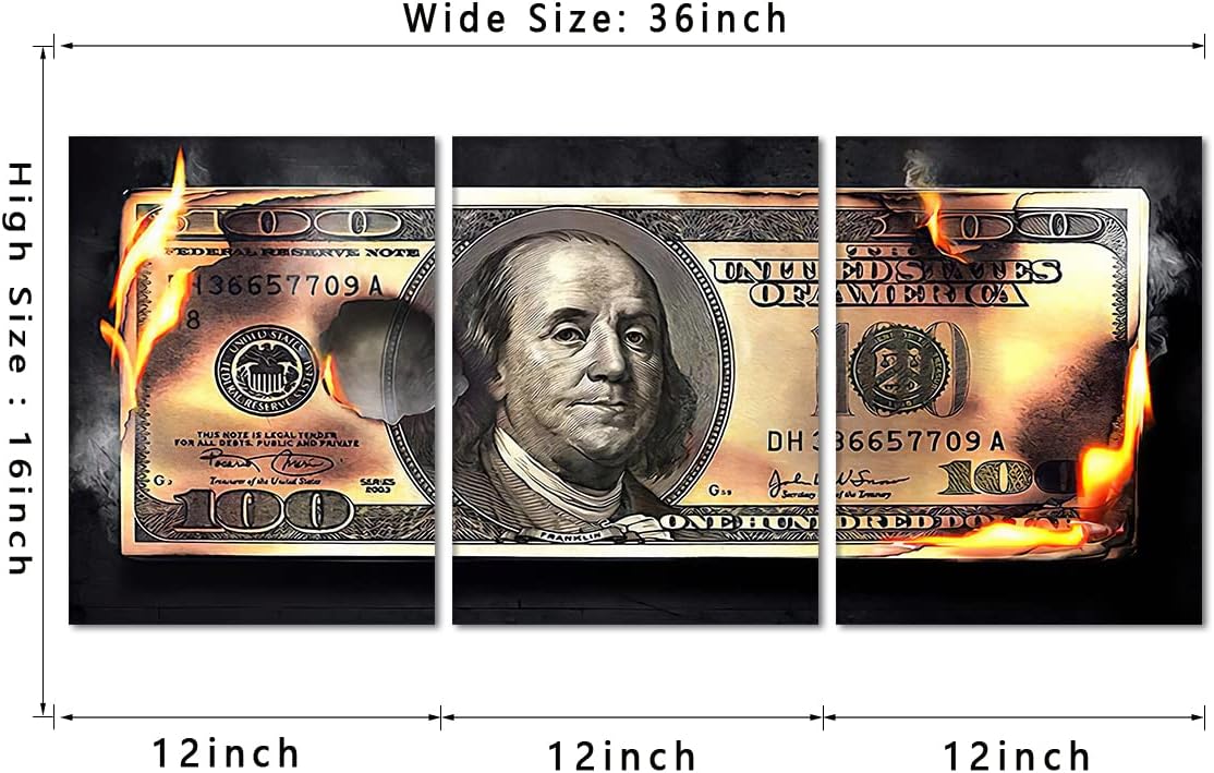 Money Wall Art 3 Panels 100 Dollar Bill Pictures Canvas Prints Art Modern Burning Dollar Posters Wall Decor Artwork Study Room Classroom Office Decor Framed Ready to Hang - 12'' W x 16''H x 3pcs - Image 5