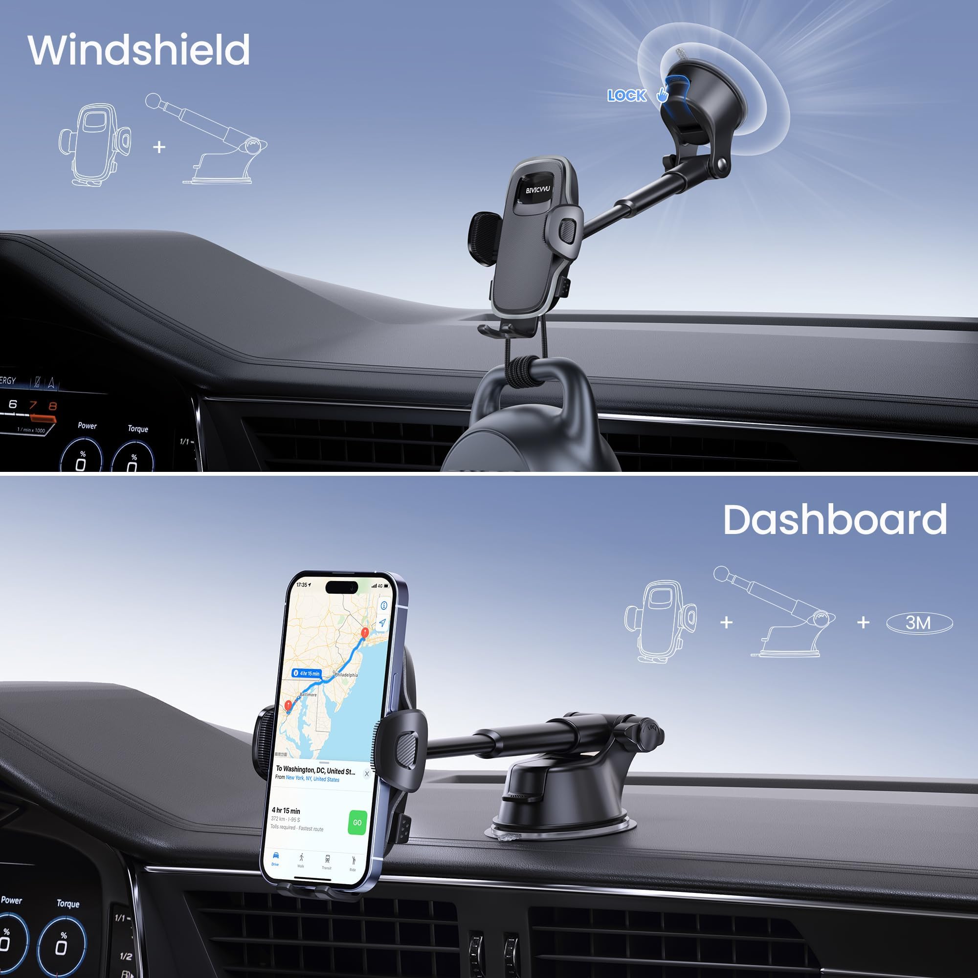 Soporte para teléfono de coche, soporte de teléfono para salpicadero/parabrisas/soporte de teléfono celular para coche, compatible con iPhone, Samsung, todos los teléfonos móviles, color negro