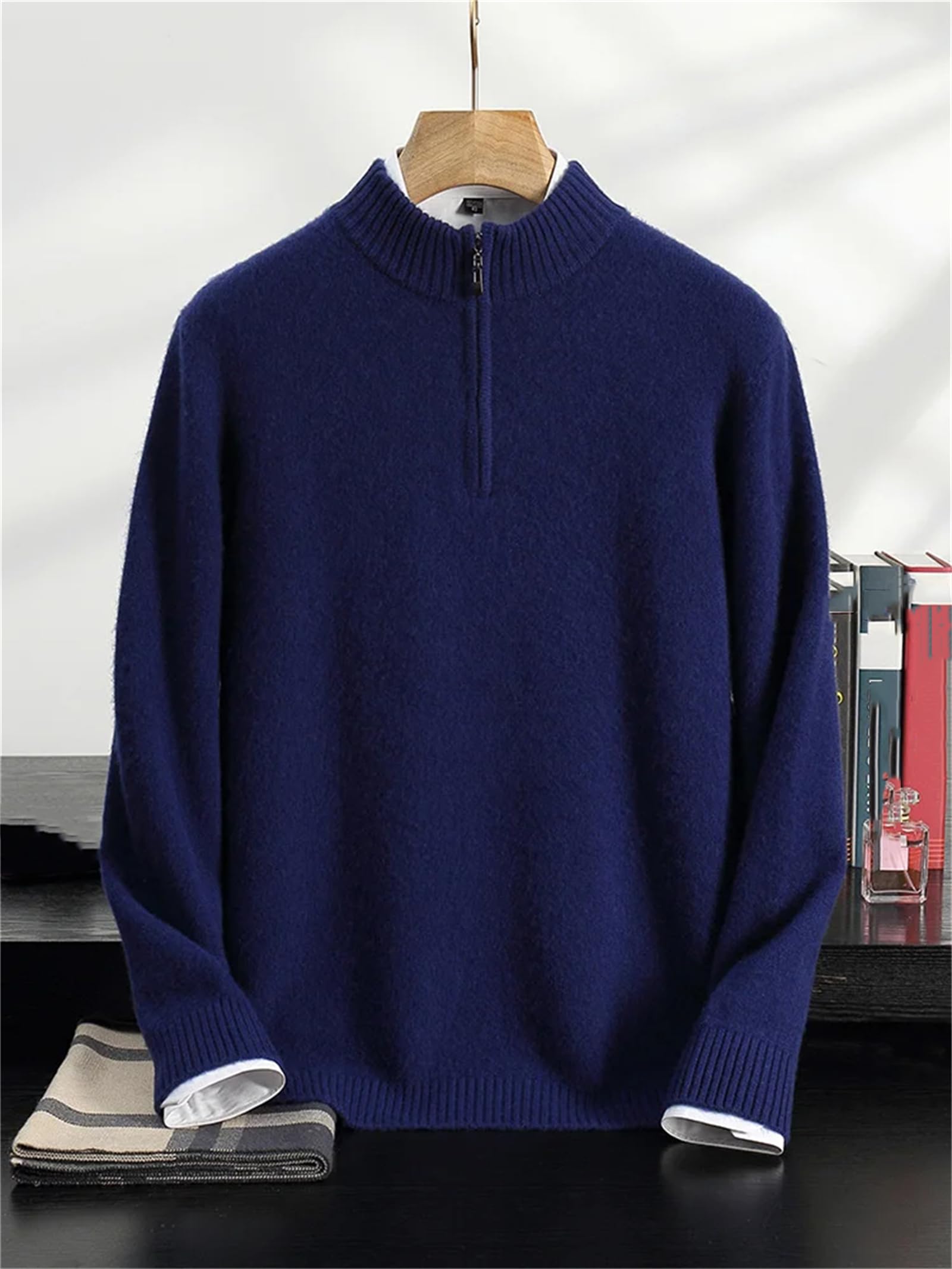 Herren Kaschmir-Pullover mit halbem Reißverschluss, Stehkragen, Winter, Kaschmir, Strickwaren, lässiger Pullover
