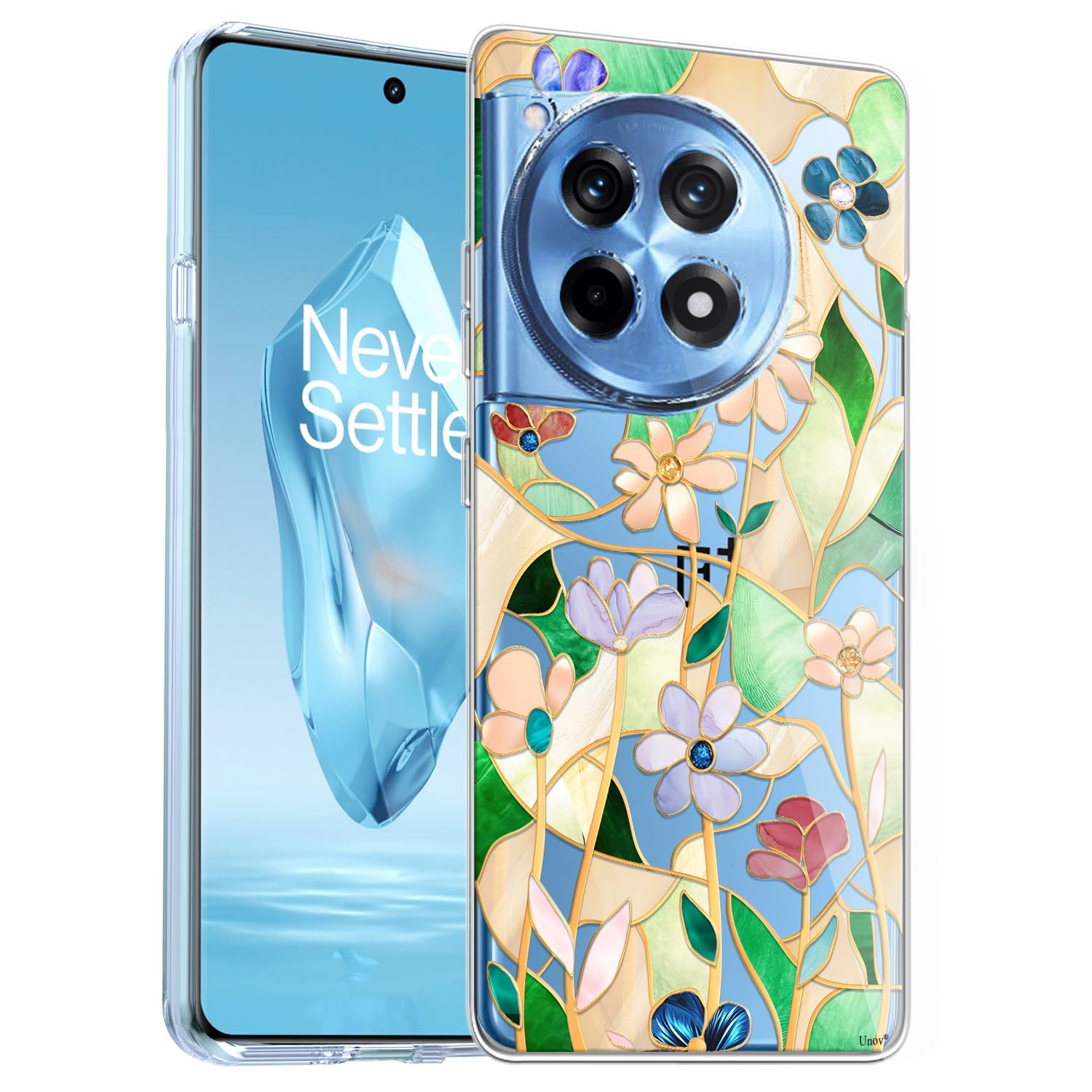 Unov Case Compatible with OnePlus 12R 5G Clear with Stained Glass Floral Flower Girly Design Soft TPU Shock Absorption Slim Embossed Pattern Protective Back Cover