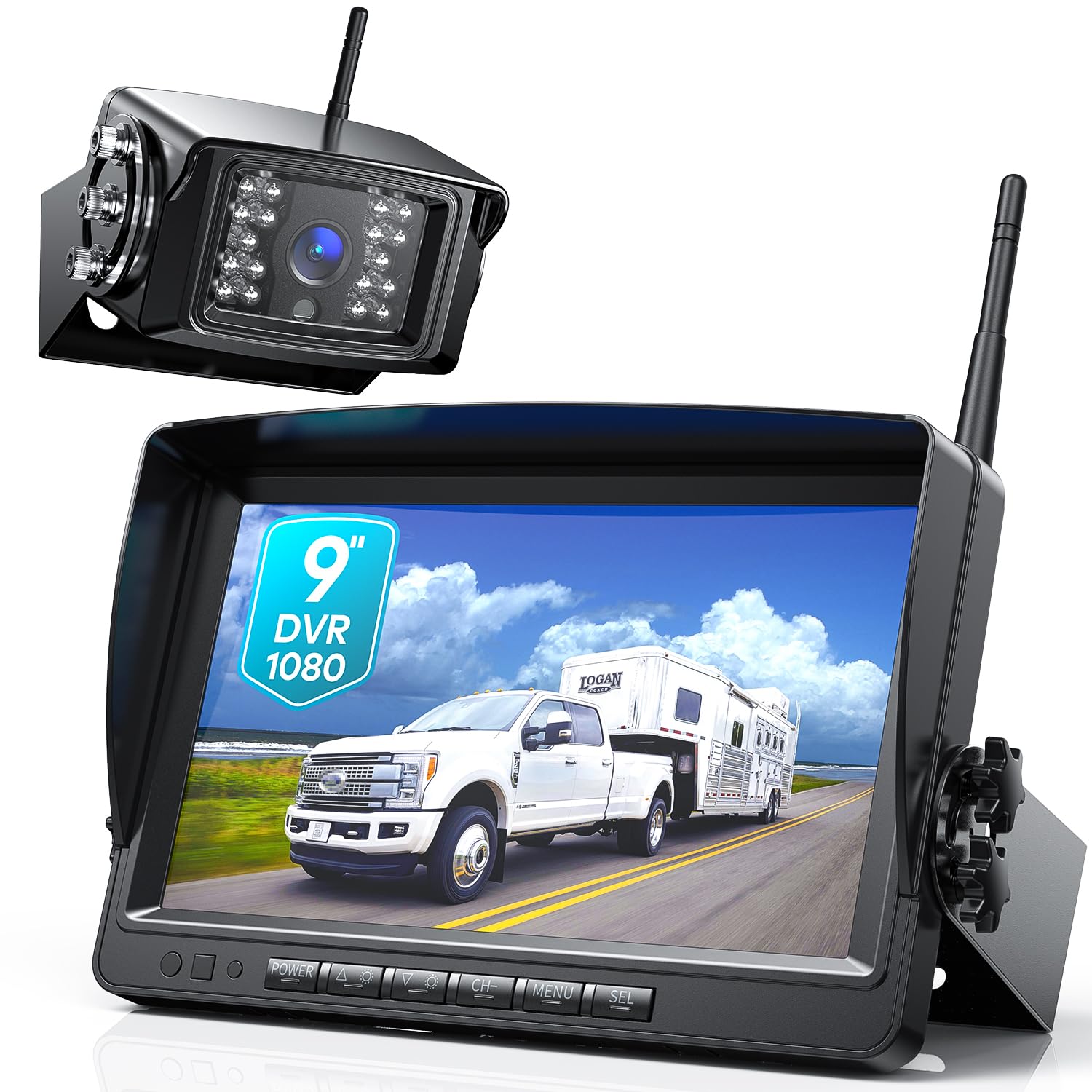 Fookoo HD 1080P 9" Wireless Backup Camera System, 9-inch Split Screen Monitor w/Recording, Supports 4 Cameras, IP69 Waterproof Rear View Camera Parking Lines for RV/Trailer/Truck/Camper(DW901)