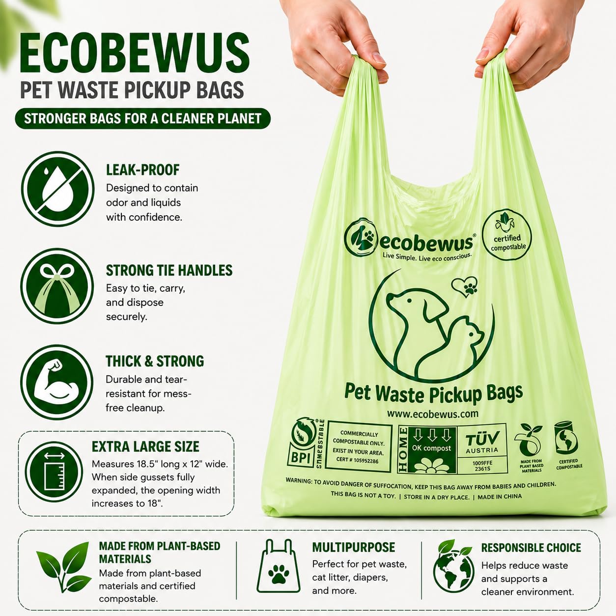 Bolsa de eliminación de residuos de mascotas 100% compostable (120 bolsas) a base de plantas para gatos y excrementos, bolsas de recogida de excrementos de perro con asas, sacos de pañales US BPI ASTM