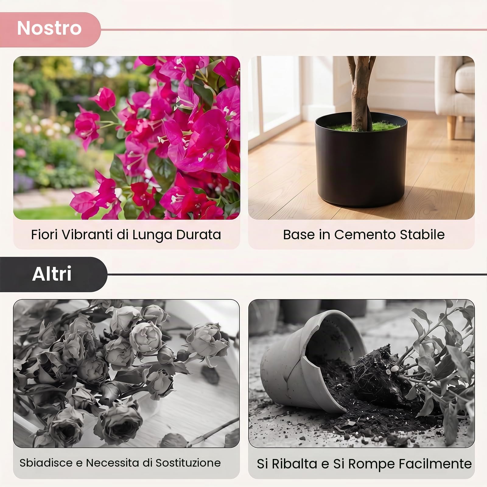LIFEZEAL Set di 2 alberi artificiali bouganville 130 cm, pianta finta in vaso con fiori vivi, fogliame realistico, rami regolabili, base cemento stabile, decorazione per interni ed esterni, balcone