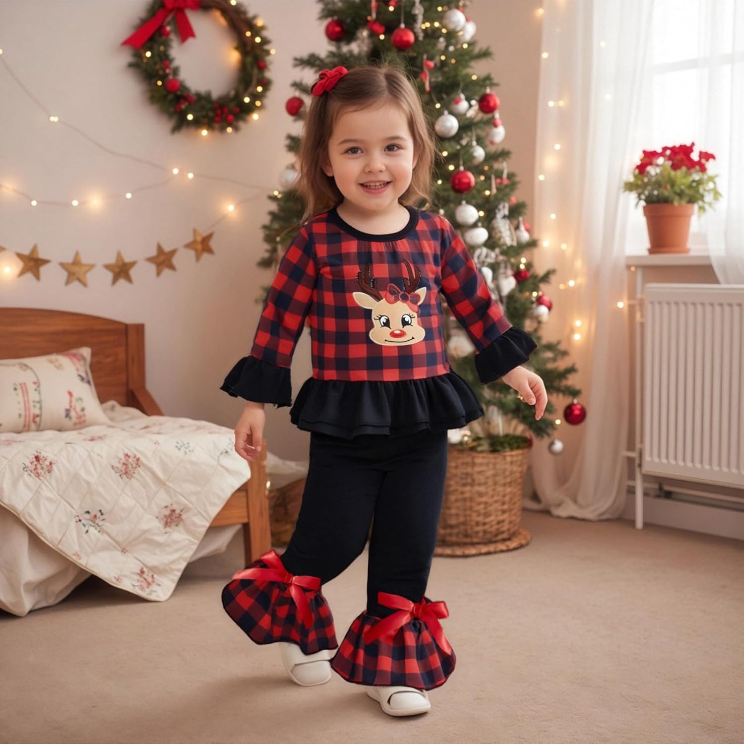 Kids Toddler Girl Halloween Outfit Plaid Pumpkin T-Shirts Pullover Sweatshirt Tops Flare Pants Set Fall Clothes - Image 3