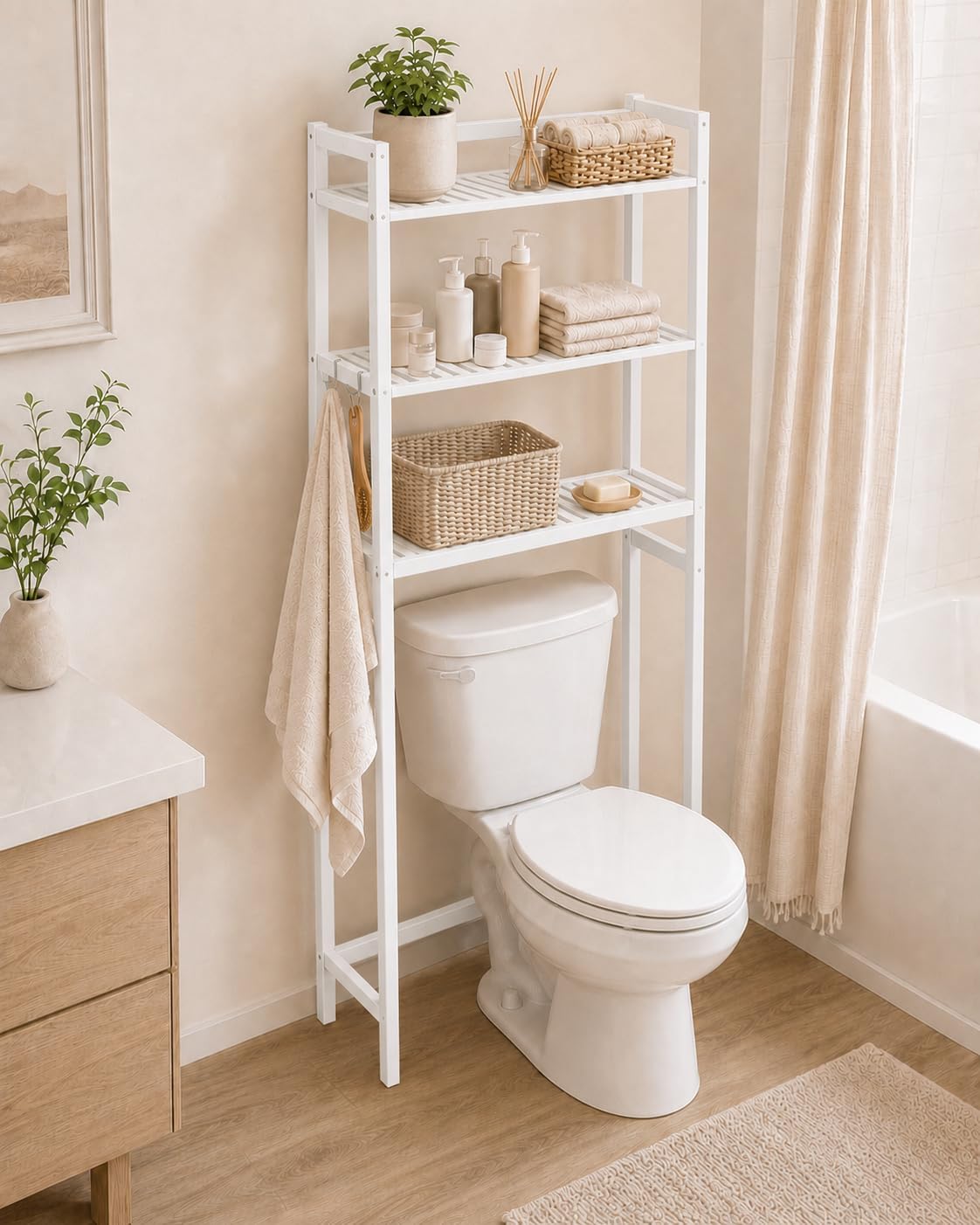 Over The Toilet Storage,Space Saving 3 Tier Bamboo Bathroom Storage Shelf