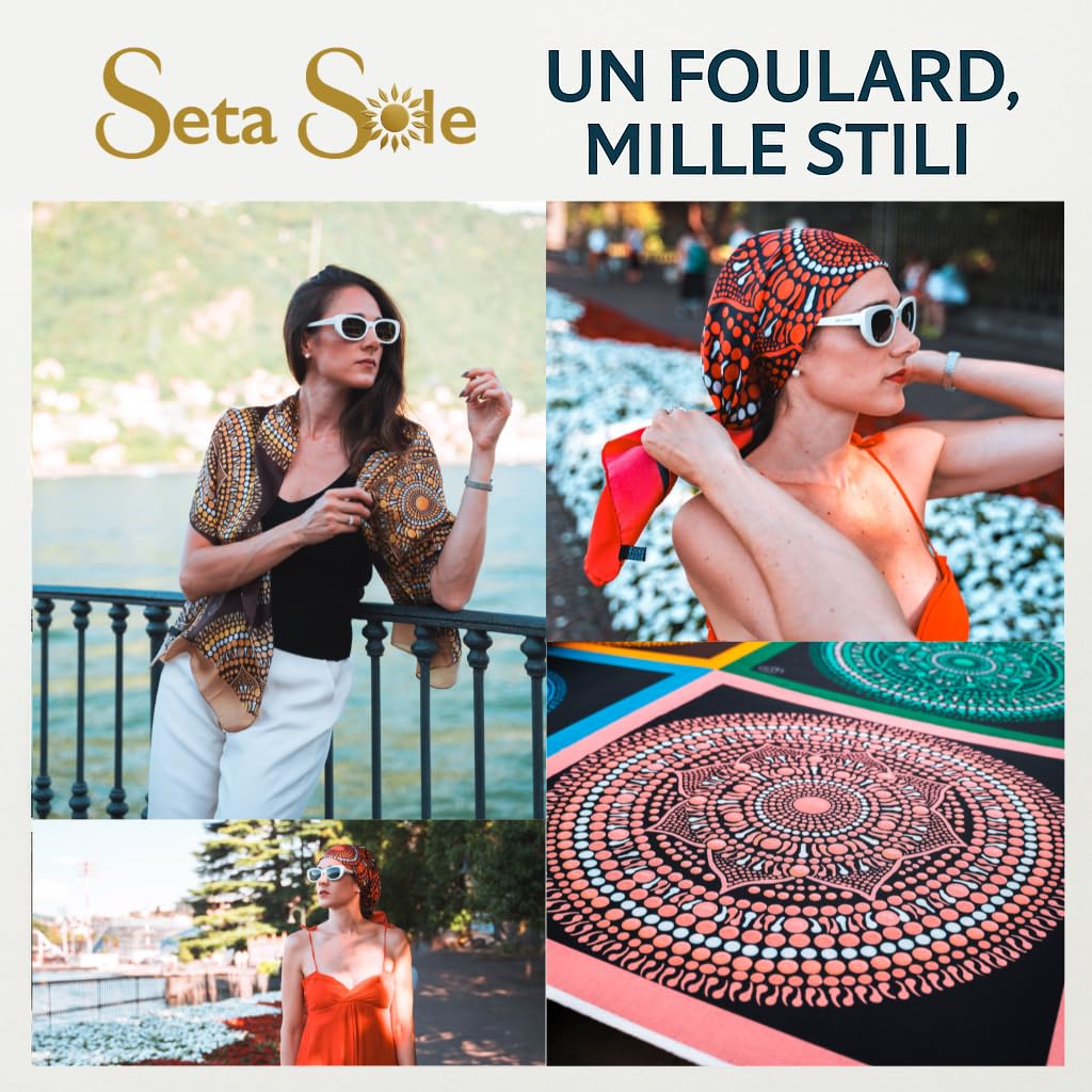 Seta Sole – Foulard in 100% Seta Made in Italy 70x70 cm – Mandala Disegnato a Mano – Sciarpa Quadrata Elegante Donna, Accessorio Moda Artigianale Lago di Como
