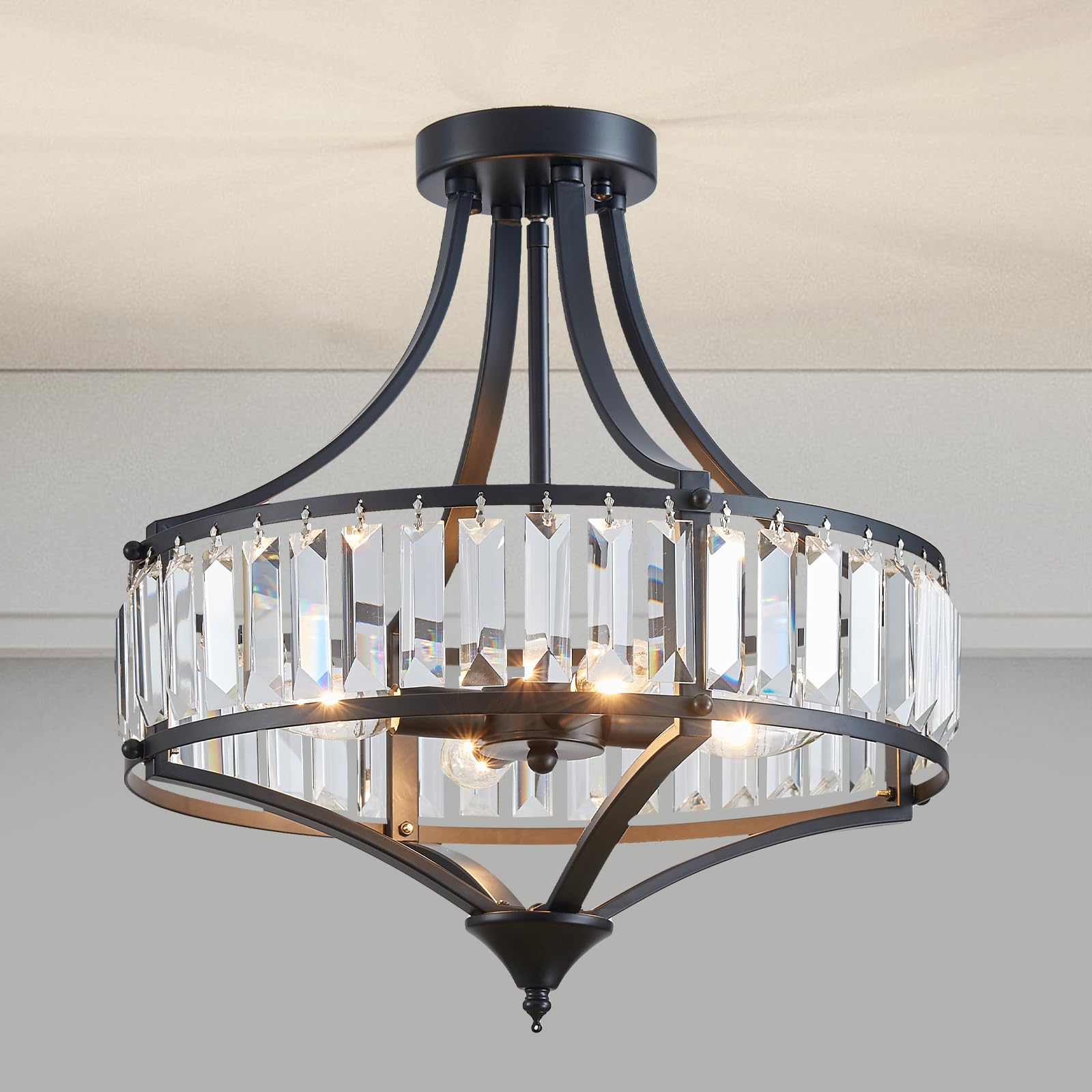 Crystal Ceiling Light for Dining Room, Round Rustic Farmhouse Semi Flush Mount Light Fixture, Metal Shade, 4-Light Black Chandelier for Hallway, Bedroom, Foyer
