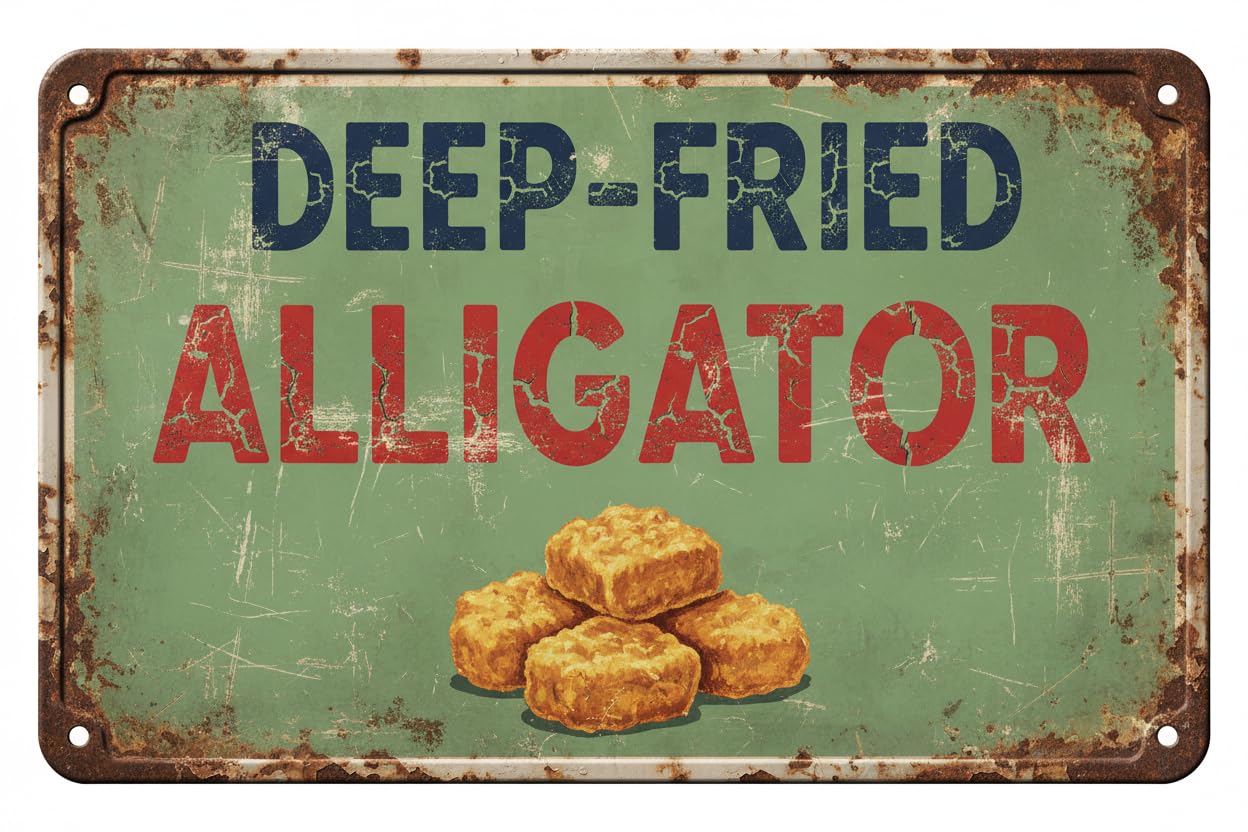 Wall Decor Deep-fried Alligator | Full Color Sidewalk Display Sign Board With Metal Ground Stakes 8x12Inch Inches Vintage Signs Aluminum Plates Printed