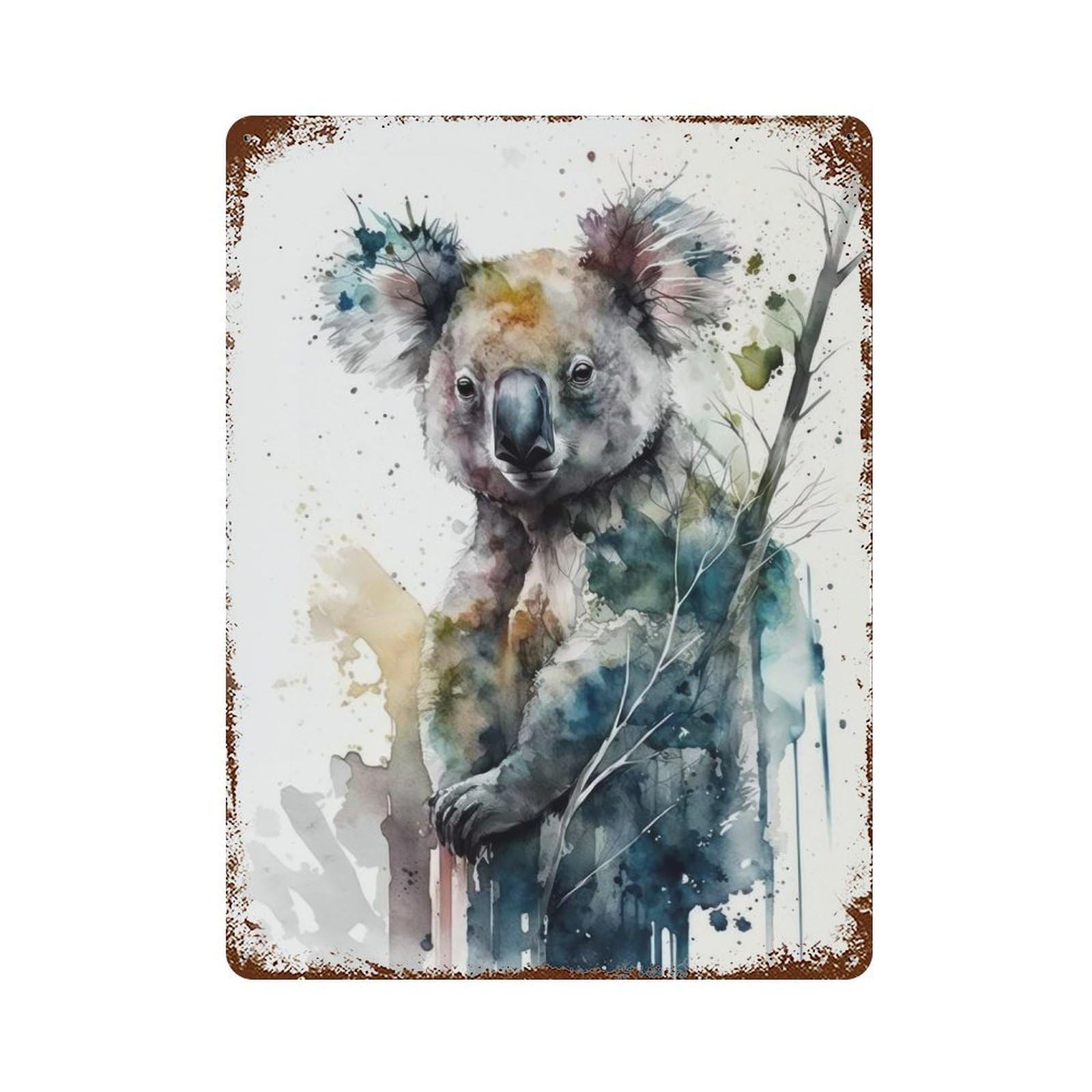 Charming Koala Watercolor Vintage Wall Sign 15.7"x11.8", Rust Effect Metal Decor for Living Room, Hallway And Home Decor