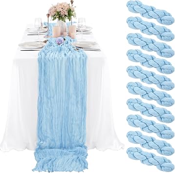 10 Pack Cheesecloth Table Runner 35 x 120 Inch, Baby Blue | Long Boho Gauze Table Runners, Semi Sheer Table Runner for Wedding Decor, Baby Shower, Birthday Party, Banquet