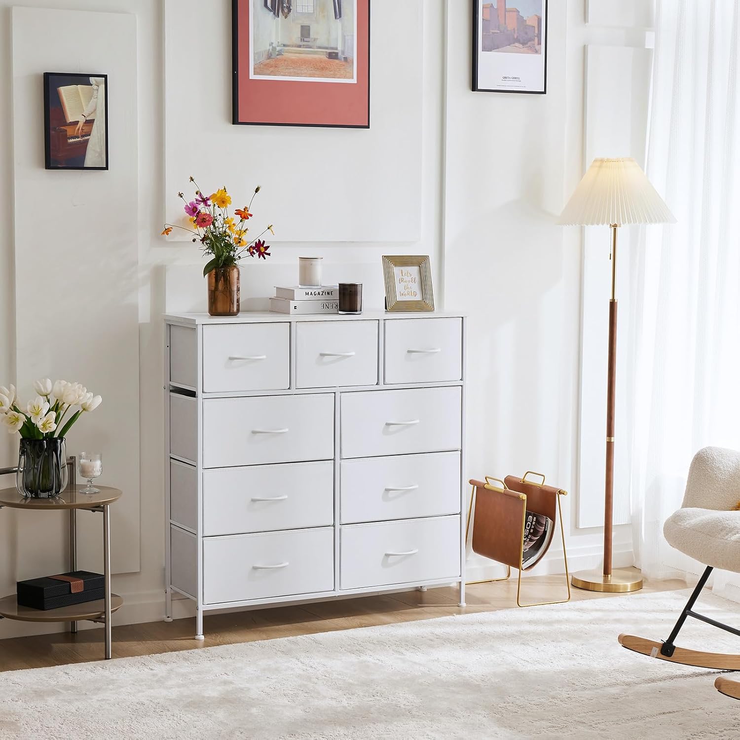 OLIXIS Dresser for Bedroom, 9 Storage Drawers, Wide Fabric Closet Chests Organizer Tower Furniture, TV Stand with Wooden Top Metal Frame for Clothes, Living Room, Hallway, Entryway, Classic White White 11.8"D x 39.4"W x 40"H (9 Drawers)