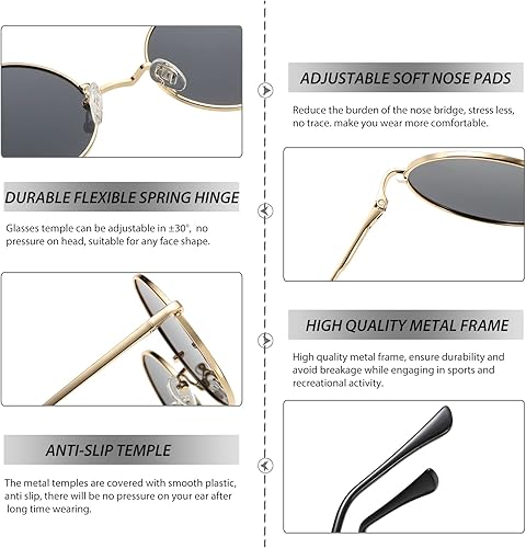 Miniatura 4 de NULOOQ Gafas de sol polarizadas redondas retro para mujeres y hombres, marco de metal pequeño, gafas hippie