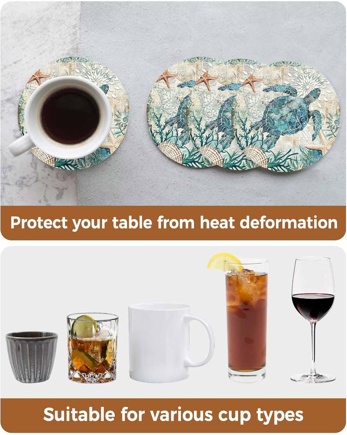Drink Coasters Sea Turtle Ocean Animal Absorbent Stone Ceramic Coaster with Cork Back and NO Holder for Cups, Set of (8-Pieces)