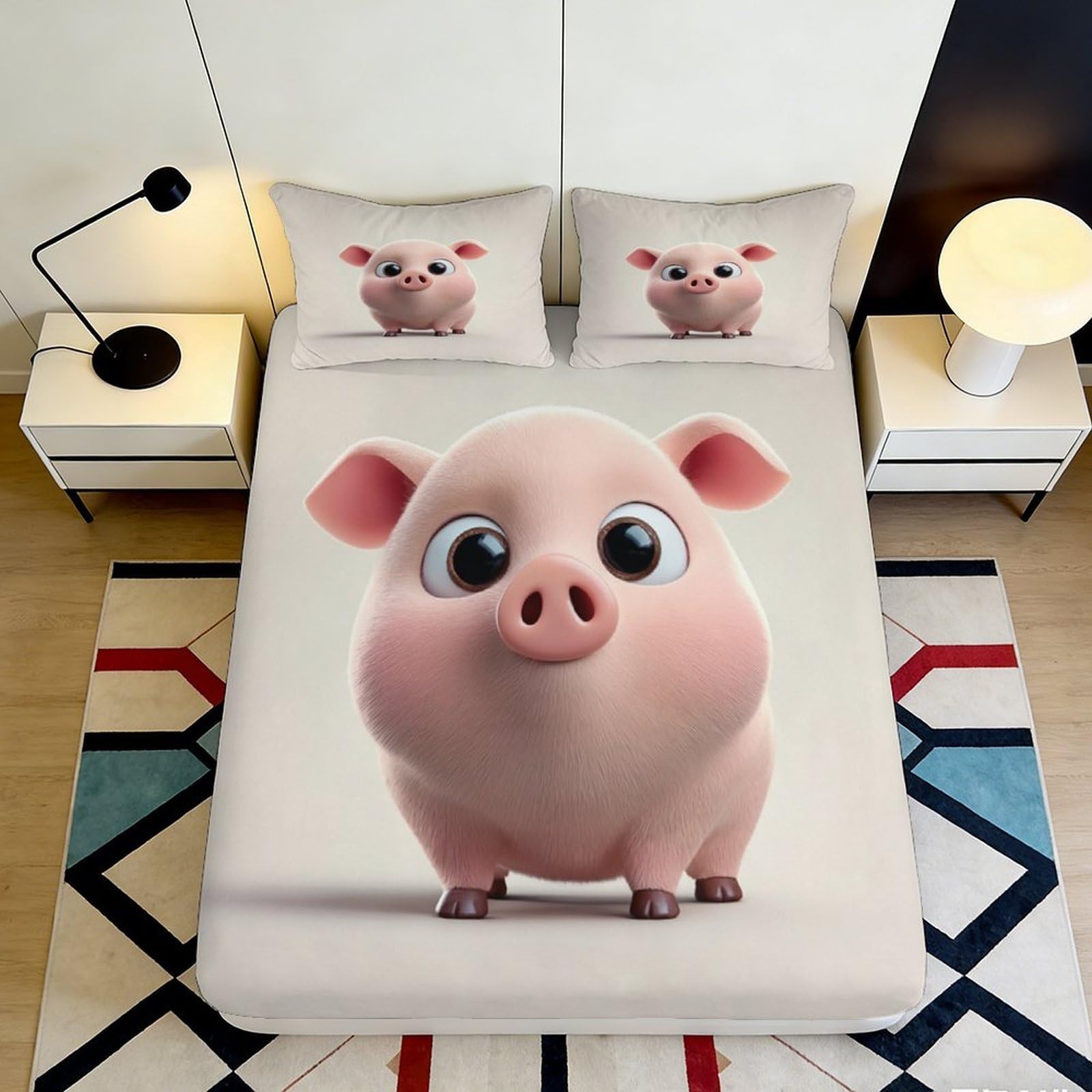 3D Printed Cute Piggy Fitted Sheet Microfiber Soft Non-slip Cartoon Animal Bed Cover for Bedroom Guest Room Easy Care 90x200x25cm