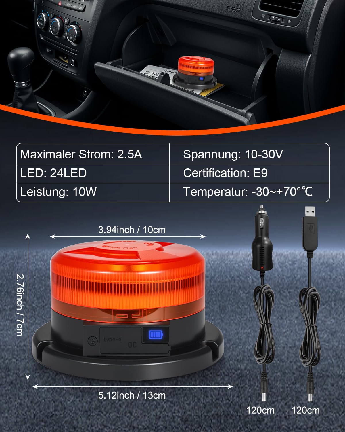 Dinfu 2 stuks LED zwaailicht accu, zwaailicht geel 12V draadloze magneet waarschuwingslicht oranje waarschuwingslicht knipperlicht strobe beacon licht voor auto vrachtwagen tractor personenauto UTV