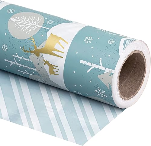 Miniatura 8 de WRAPAHOLIC Papel de regalo reversible de Navidad, mini rollo, 17 pulgadas x 33 pies, diseño de gnomo azul morado y cuadros con brillo metálico para