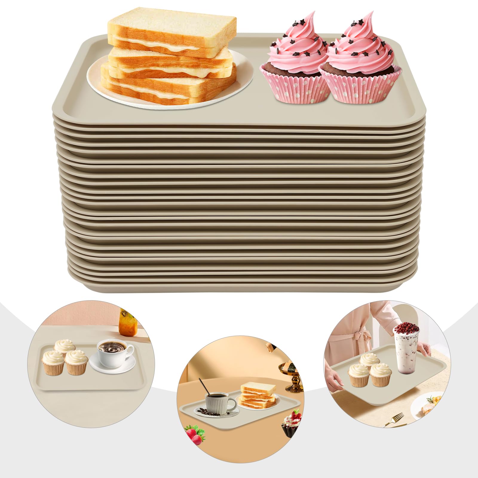 Lot de 24 plateaux de service rectangulaires en polypropylène - 36 x 27 x 2 cm - Moderne - Pour cafétéria - Couleur kaki