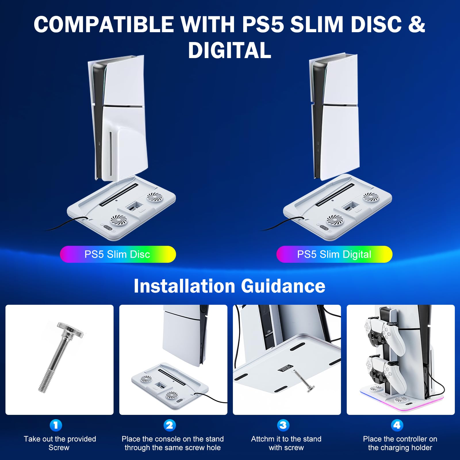 Supporto PS5 Slim con Ventola di Raffreddamento PS5 Slim Stazione di Raffreddamento Supporto con Controller di Ricarica Supporto per Cuffie Luce RGB per PlayStation5 Slim Digital e Disc Edition