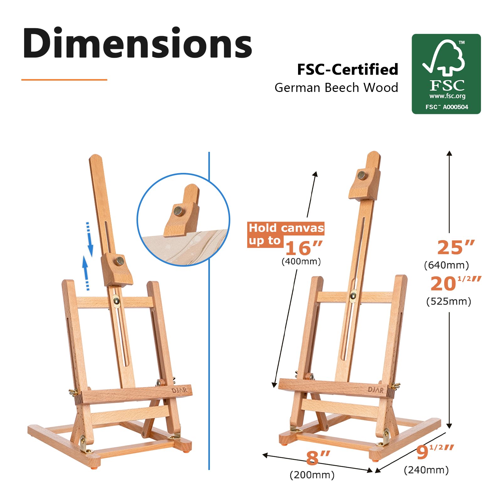 25" Mini H-Frame Caballete de Arte, Ajustable de madera de haya caballete de sobremesa de madera para la pintura, la pintura portátil de visualización de dibujo de pie para adultos, natural