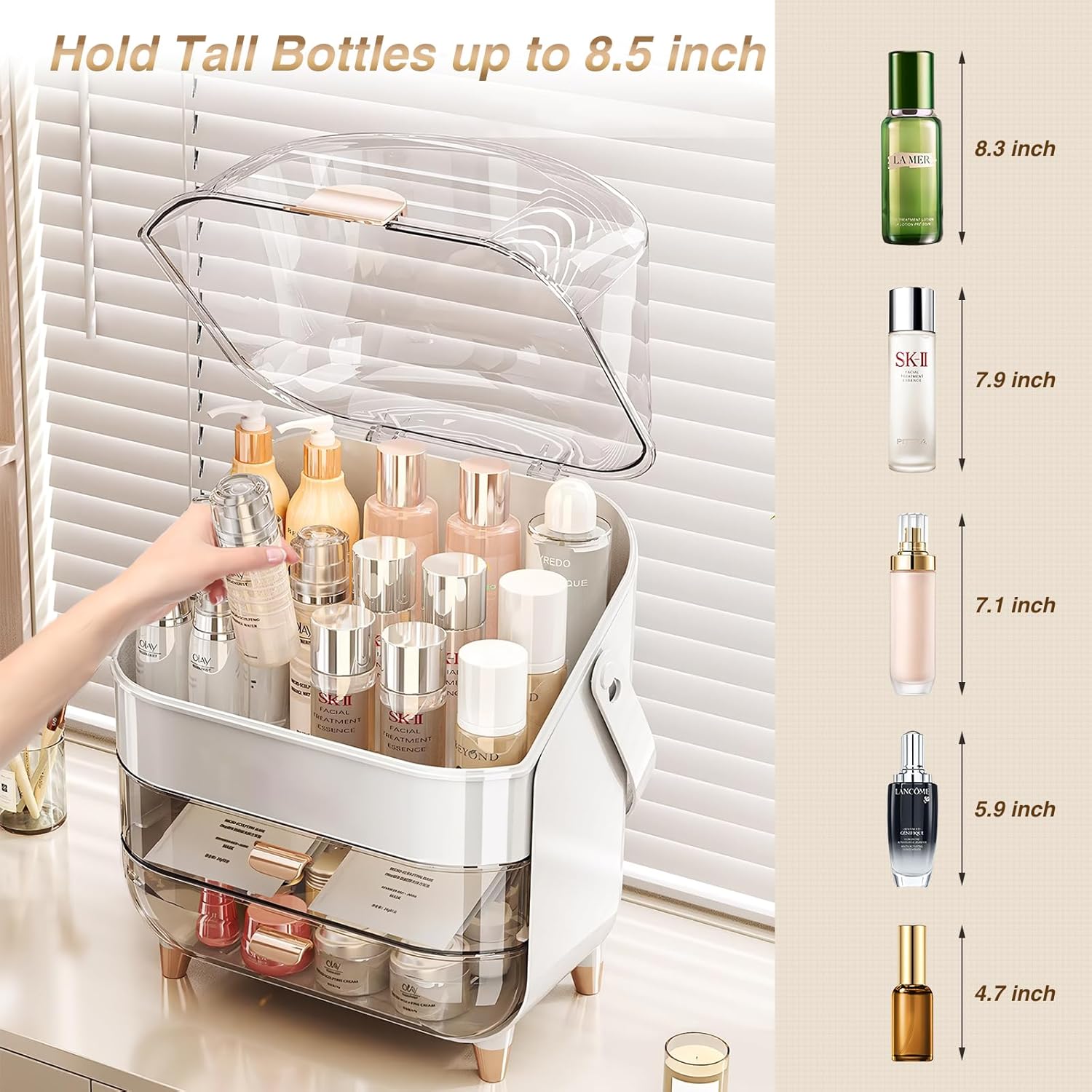 TooCust Cosmetic Display Case with Brush Holder - Makeup Box with Transparent Drawers and Cover, Potable Skin Care Storage Organizer with Handle, Dust Proof Makeup Organizer for Vanity, White & Gold