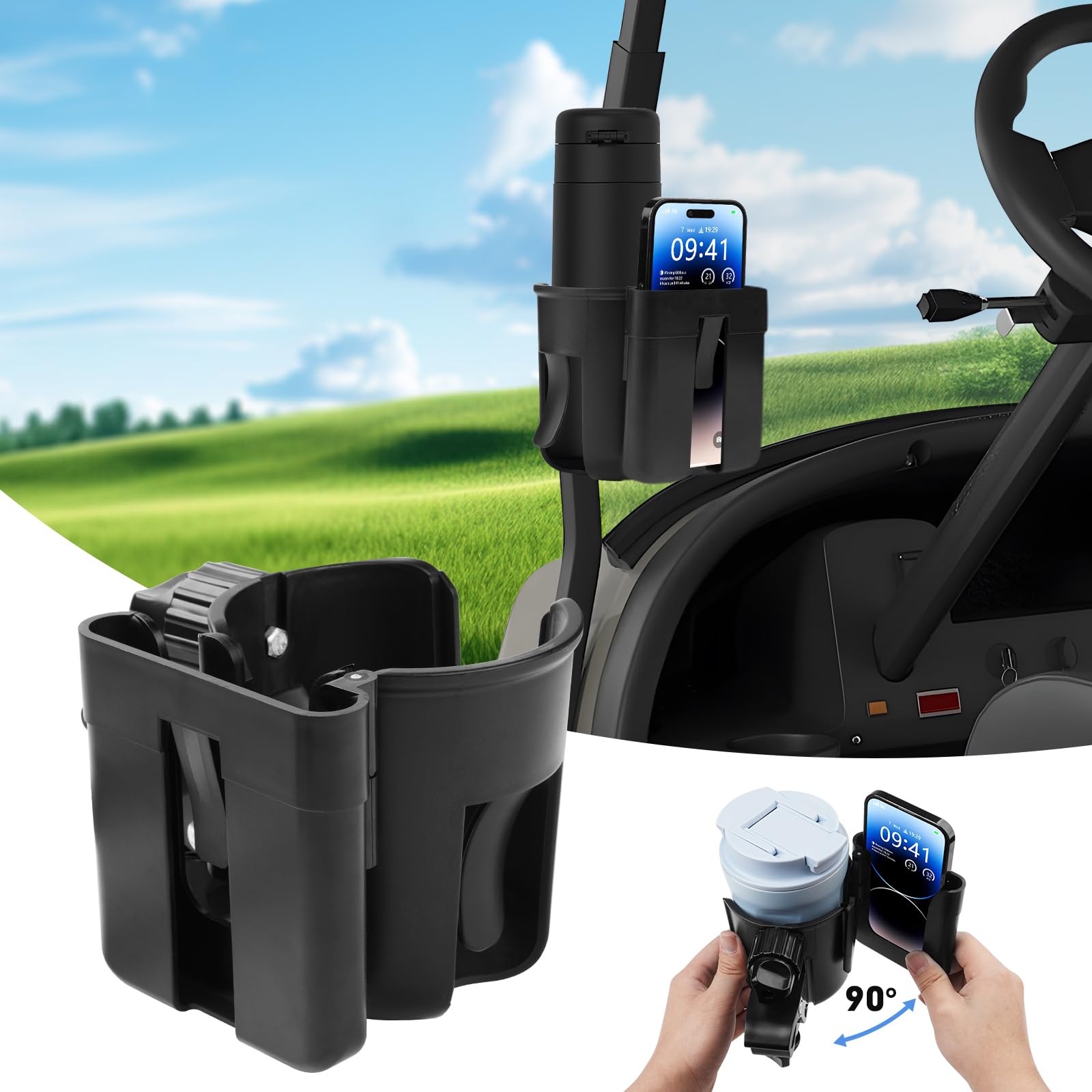 Golf Cart Phone Holder Cup - Removable 2-in-1 Cup Holder for Walker Golf Cart Accessories Cell Phone Holder Compatible for EZGO/Club Car/Yamaha [Black