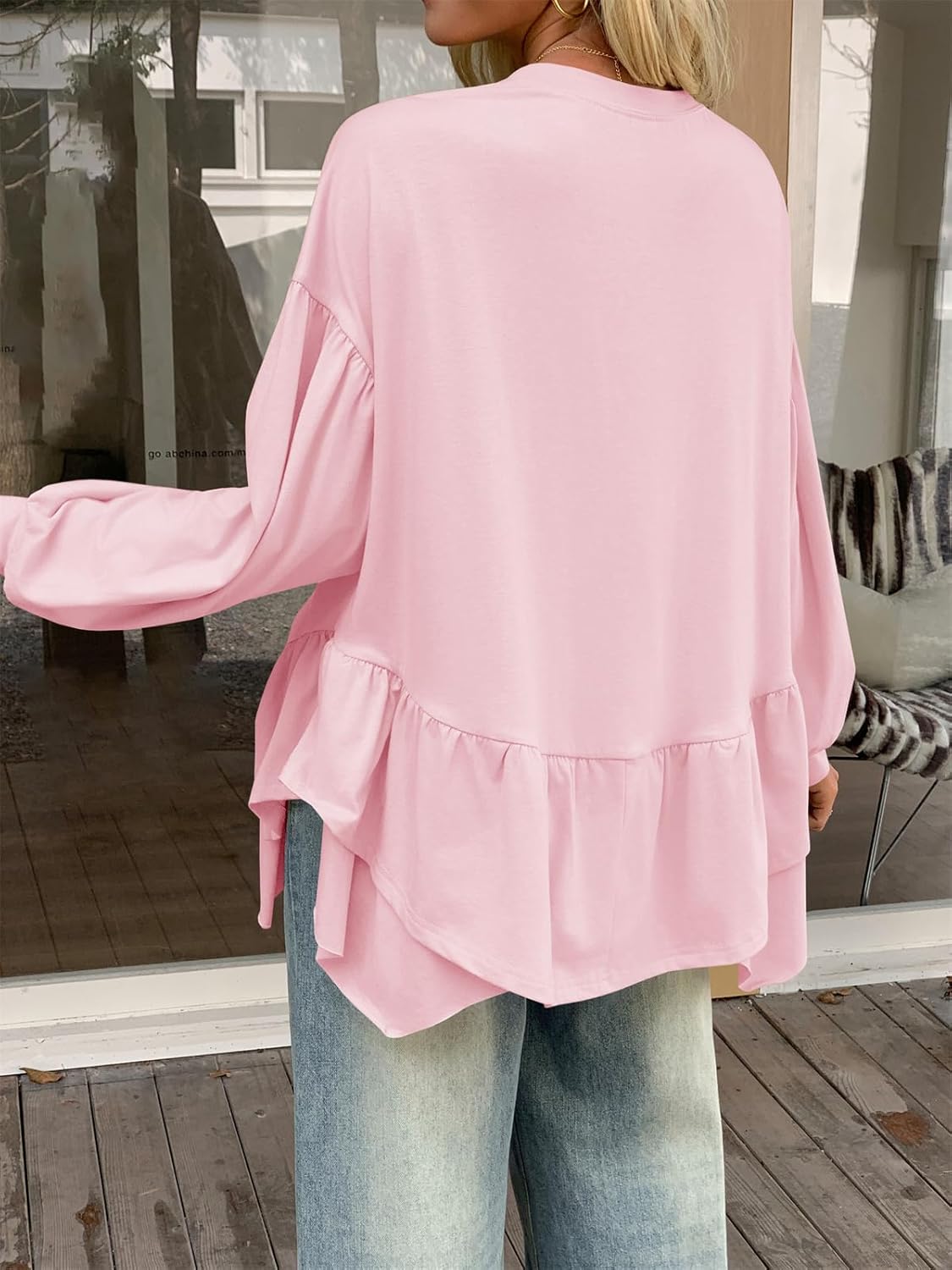 Tankaneo Womens Oversized Tops Peplum Puff Long Sleeve Shirts Trendy Casual Loose Fit Crew Neck Tunic Shirts - Image 7