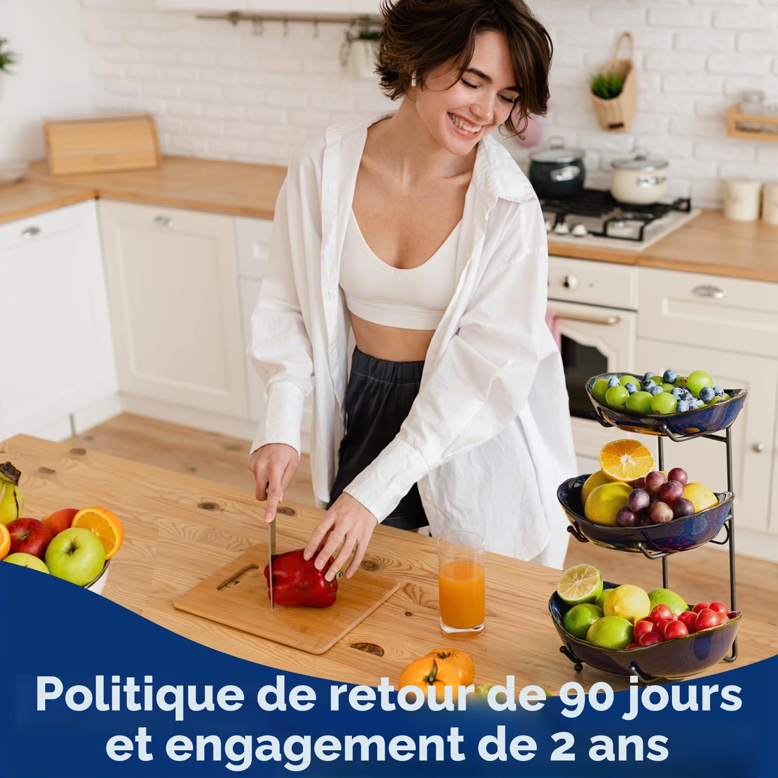 DUJUST Présentoir à fruits 3 niveaux en céramique, bol à fruits émaillé, gain de place & facile à ranger, plateau de service pour fruits, légumes & snacks, compatible lave-vaisselle & micro-ondes