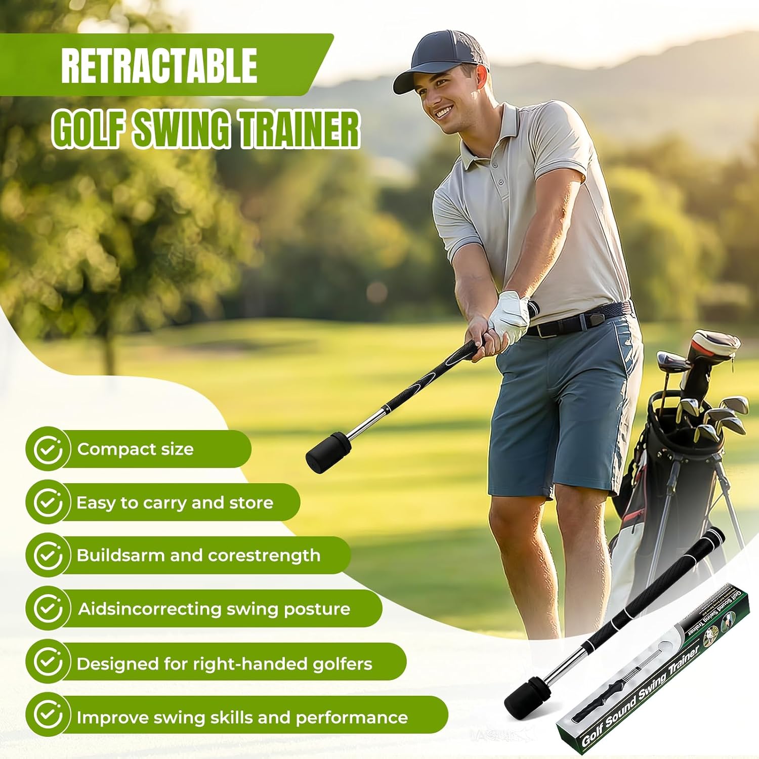 Retractable Golf Swing Training Aid, Golf Grip Trainer for Chipping Hitting, Golf Swing Trainer with Wrist Immobilizer for Right Left Hands, Golf Telescopic Club for Indoor & Outdoor