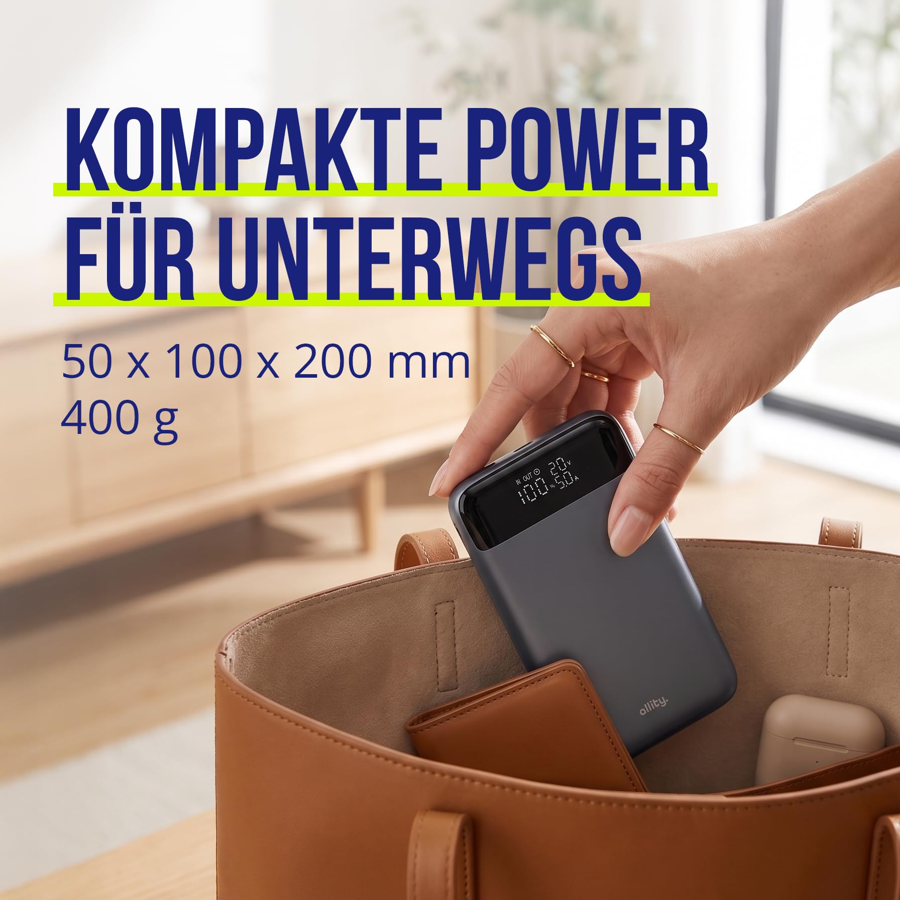 Powerbank 19200 mAh 130 W – Chargeur Rapide USB-C PD & QC pour Ordinateur Portable, téléphone Portable et Tablette – Boîtier en Aluminium, écran LCD, Compact, câble 100 W Inclus – Gris
