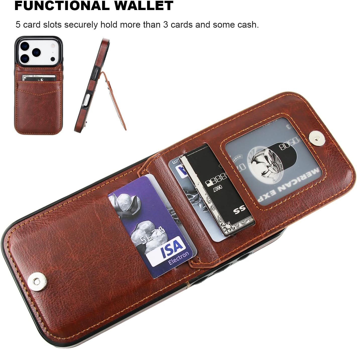 KIHUWEY Compatible with iPhone 17 Pro Case Wallet with Credit Card Holder, Flip Premium Leather Magnetic Clasp Kickstand Heavy Duty Protective Cover for iPhone 17 Pro 6.3 Inch (Brown) - Image 4